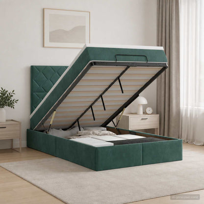 Ottoman-Bett mit Matratze und LED Dunkelgrün 120 x 200 cm Samt