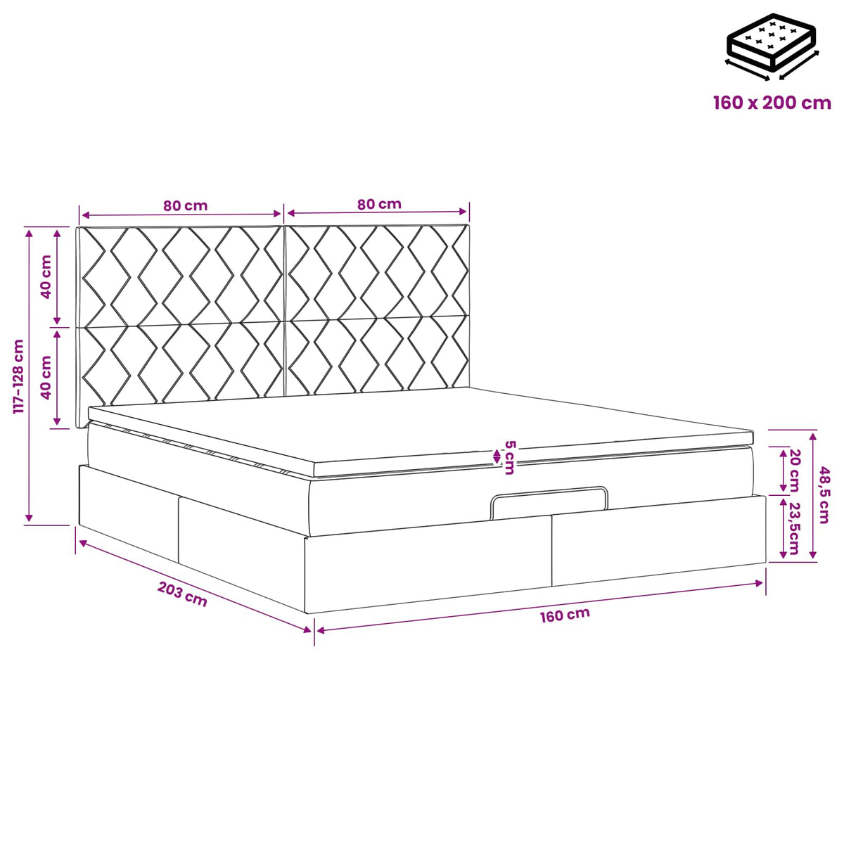 Ottoman Bett mit Matratze Dunkelgrau 160 x 200 cm Samt