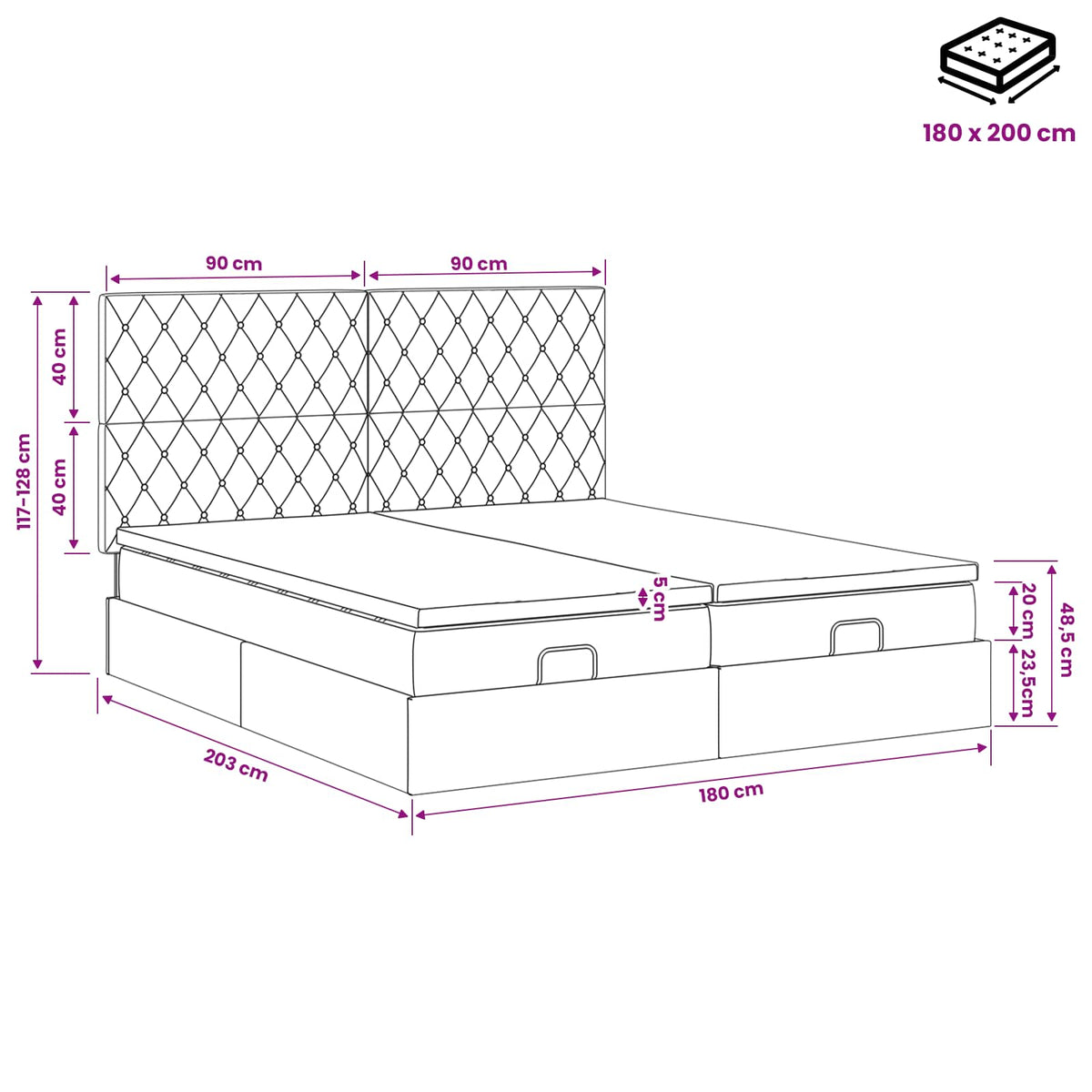 Ottoman Bett mit Matratze mit Kopfteil 2 stk. Dunkelgrau Samt