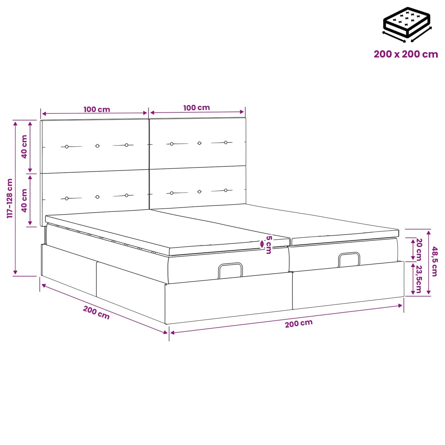 Ottoman Bett mit Matratze mit Kopfteil 2 Stk. Dunkelgrau Samt
