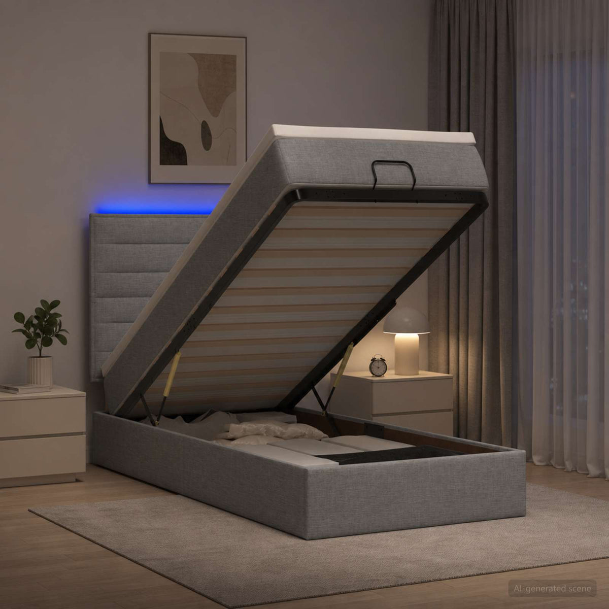 Ottoman-Bett mit Matratze und LED Hellgrau 90 x 200 cm Stoff