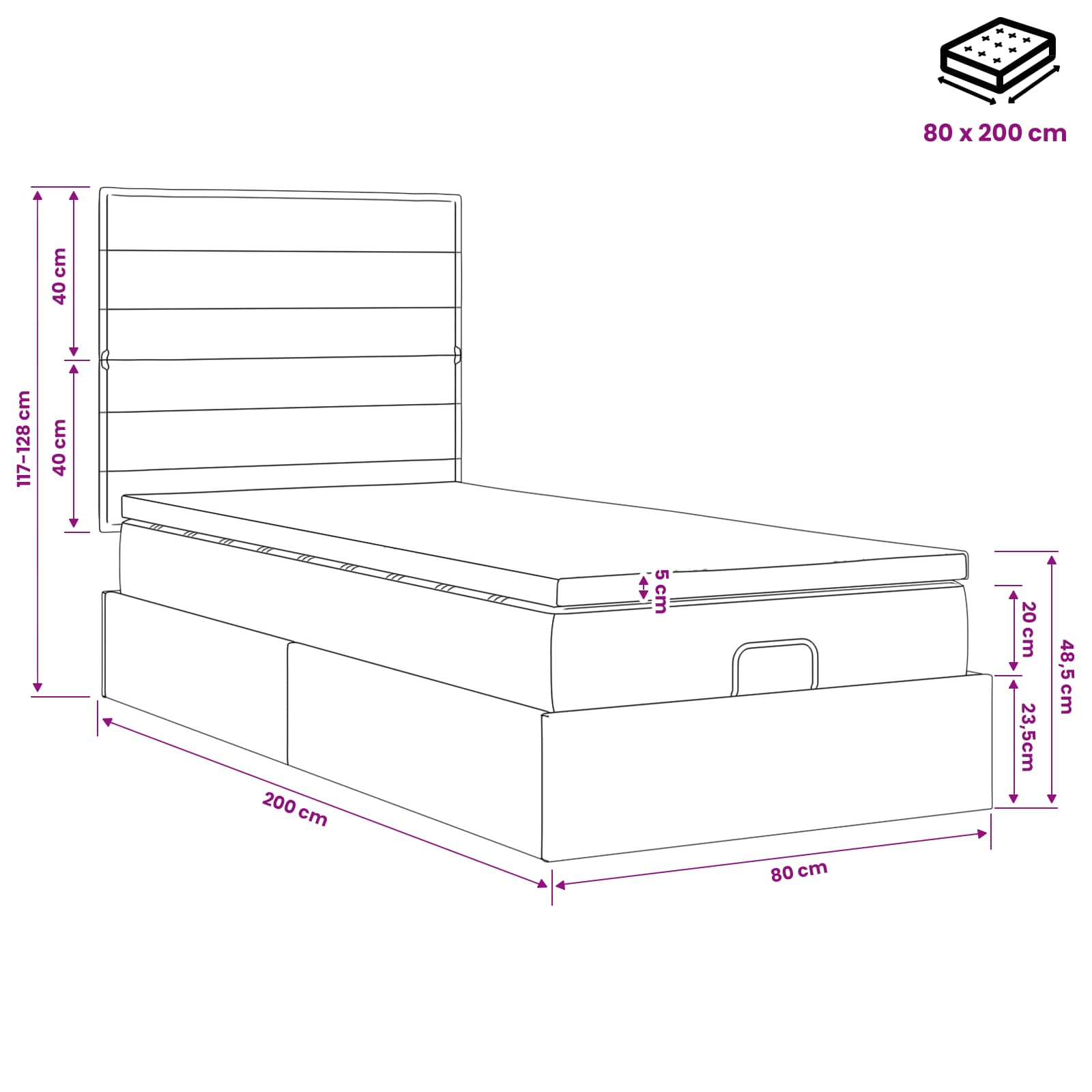 Ottoman-Bett mit Matratze und LED Dunkelgrau 80 x 200 cm Stoff