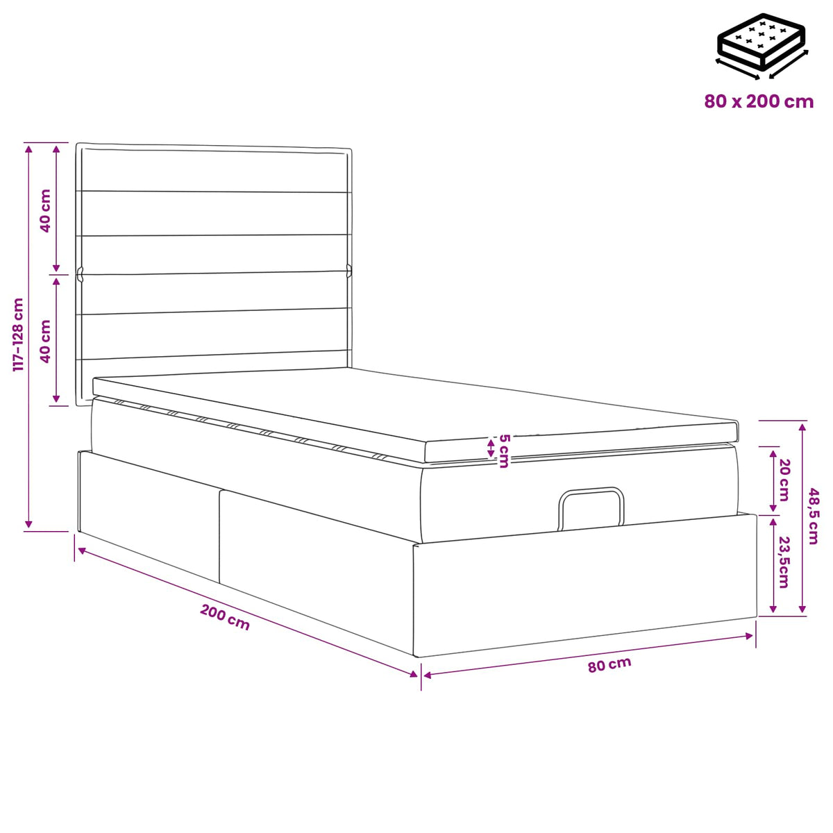 Ottoman-Bett mit Matratze und LED Dunkelgrau 80 x 200 cm Stoff