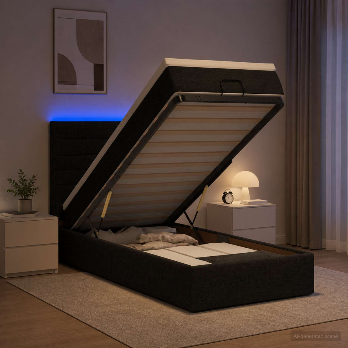 Ottoman-Bett mit Matratze und LED Schwarz 90 x 190 cm Stoff