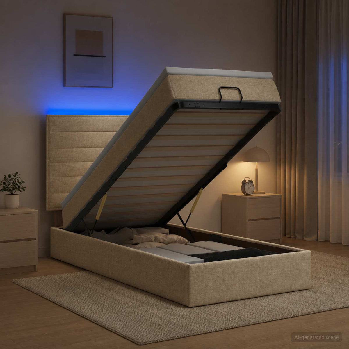 Ottoman-Bett mit Matratze und LED Creme 100 x 200 cm Stoff