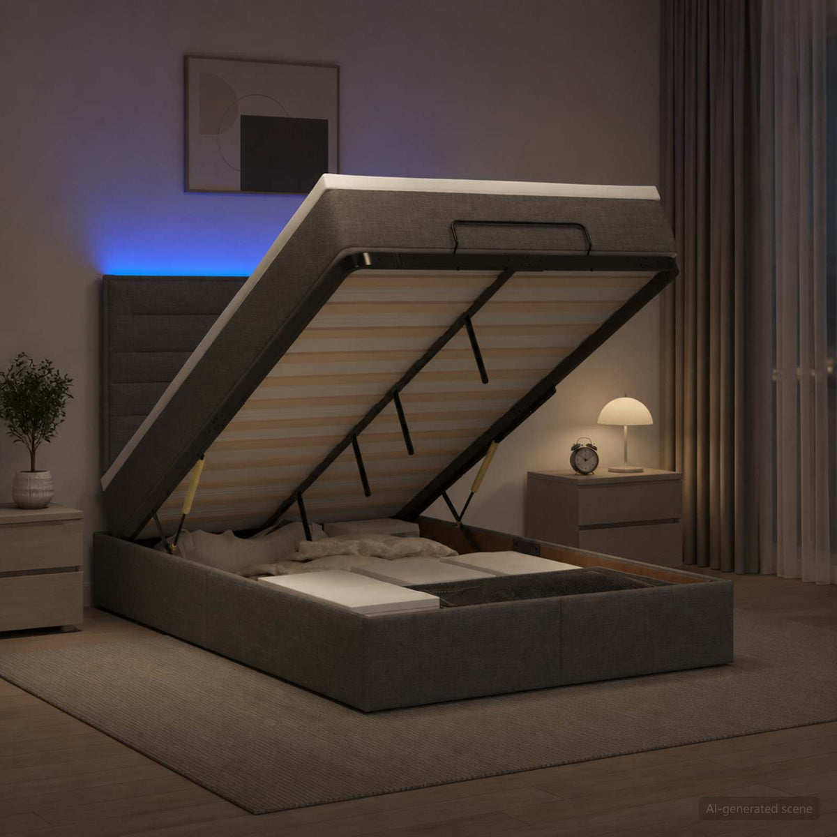 Ottoman-Bett mit Matratze und LED Dunkelgrau 120 x 200 cm Stoff