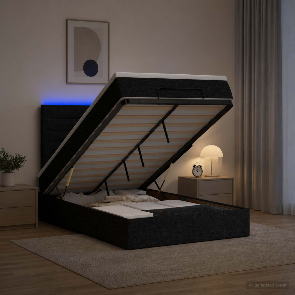 Ottoman-Bett mit Matratze und LED Schwarz 120 x 200 cm Stoff