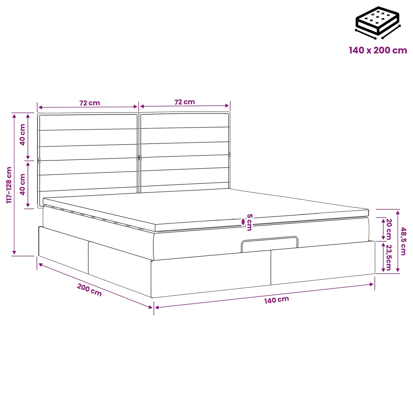 Ottoman-Bett mit Matratze und LED Schwarz 140 x 200 cm Stoff