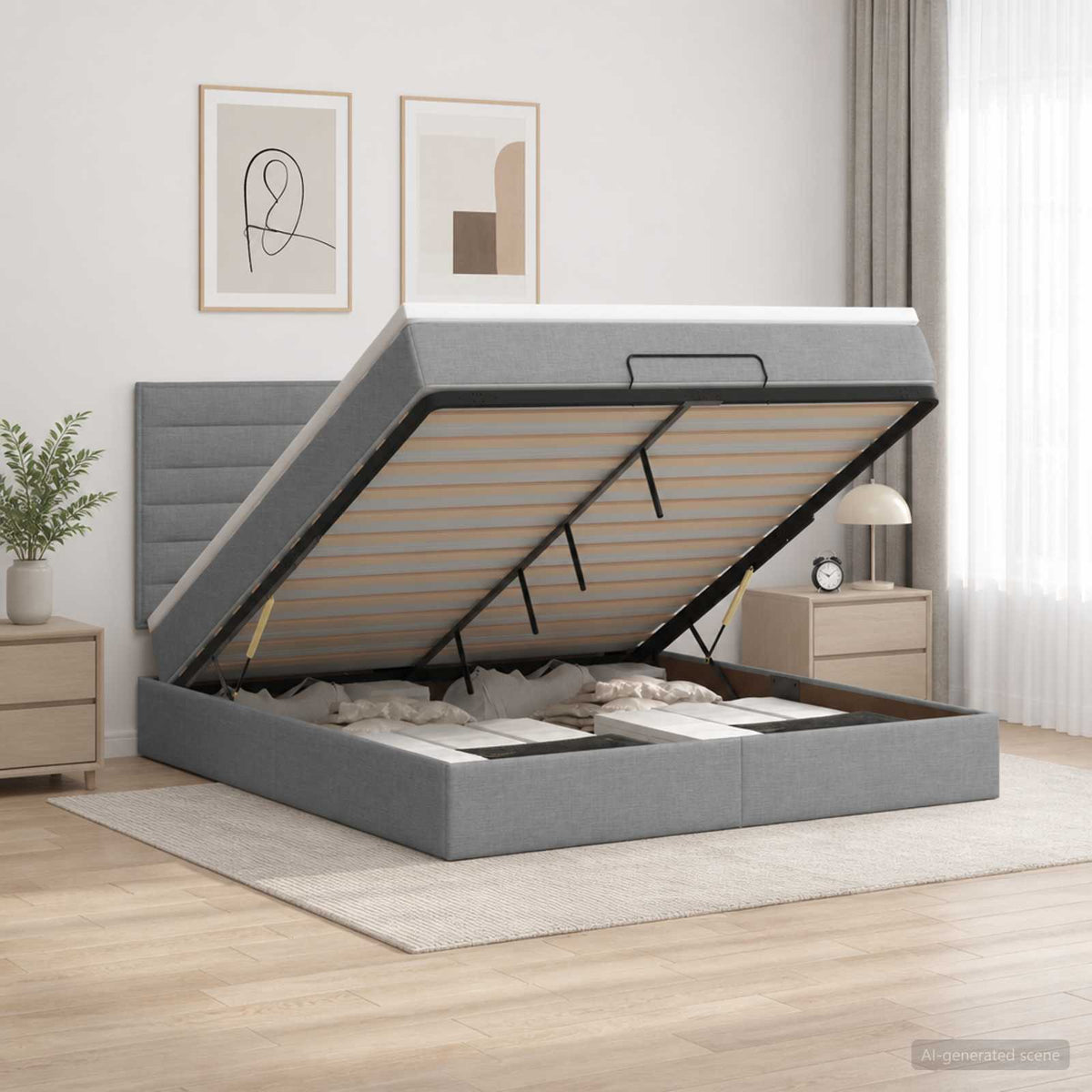 Ottoman Bett mit Matratze Hellgrau 140 x 200 cm Stoff