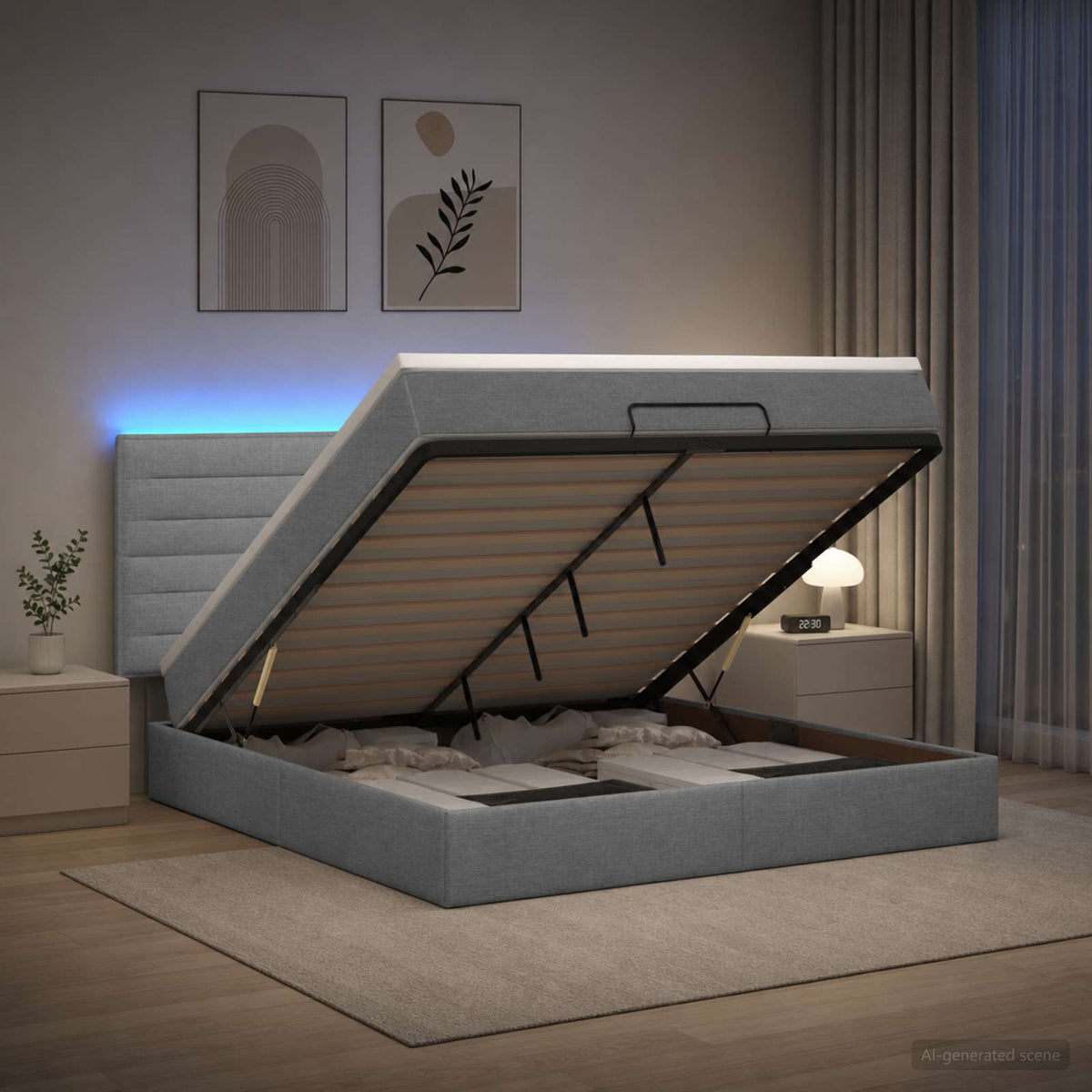 Ottoman-Bett mit Matratze und LED Hellgrau 140 x 190 cm Stoff