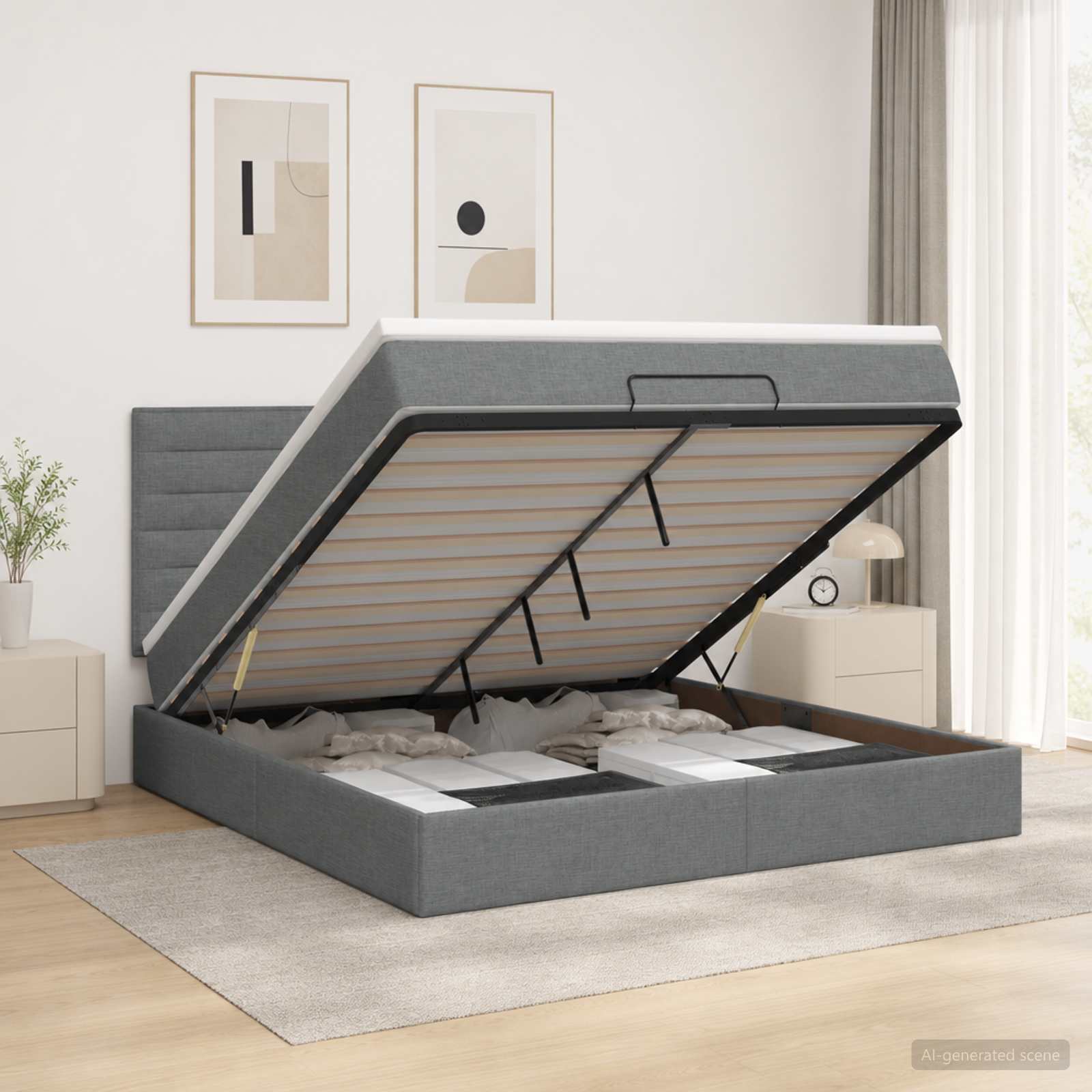 Ottoman Bett mit Matratze Dunkelgrau 140 x 190 cm Stoff