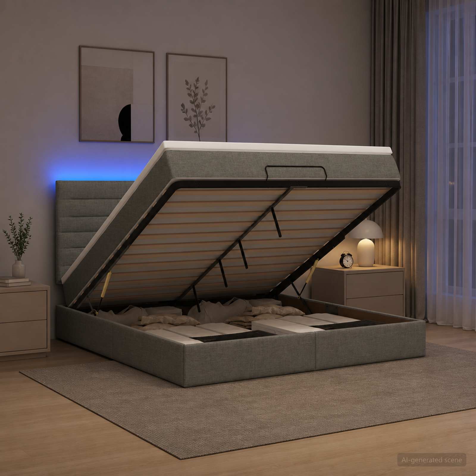 Ottoman-Bett mit Matratze und LED Dunkelgrau 140 x 190 cm Stoff