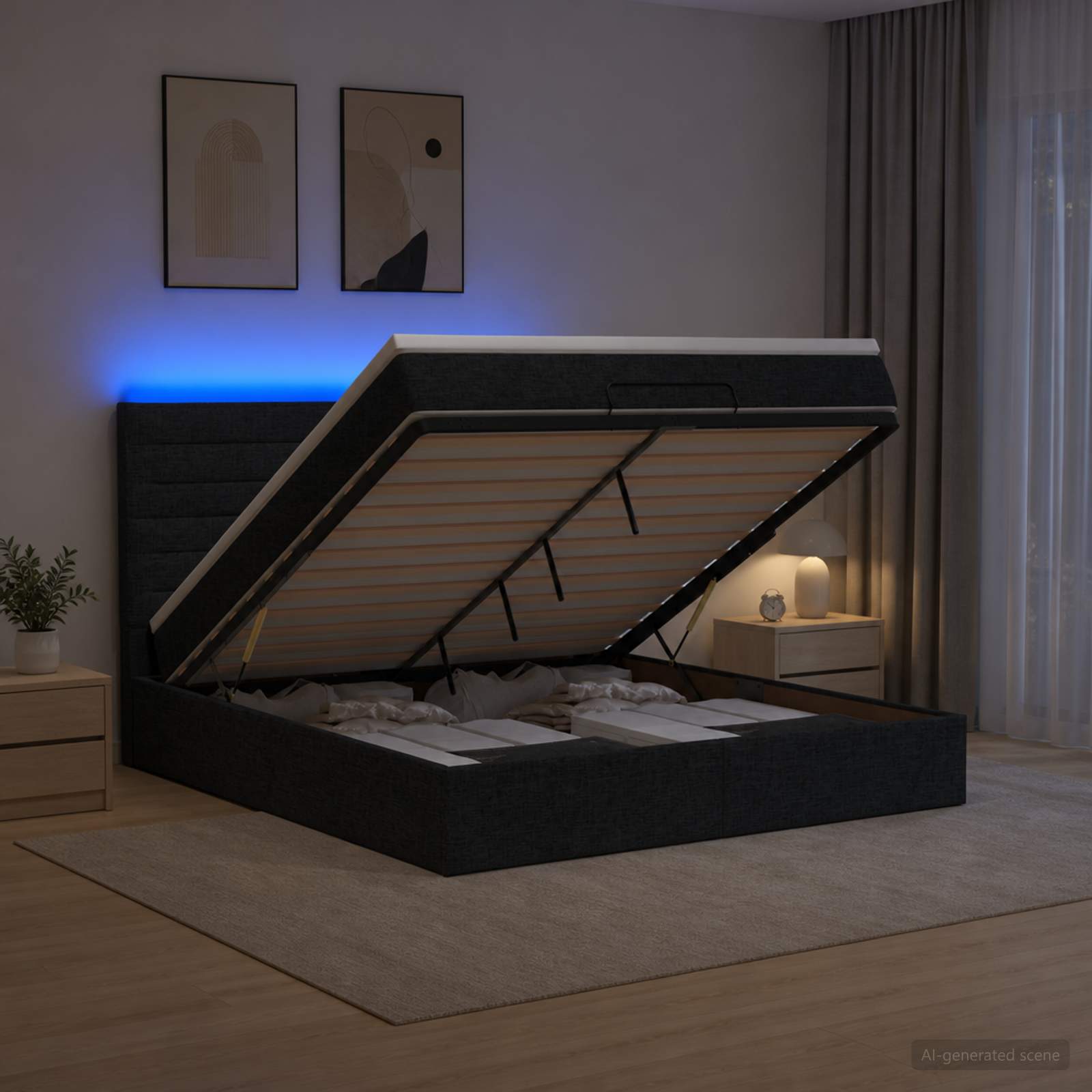 Ottoman-Bett mit Matratze und LED Schwarz 140 x 190 cm Stoff