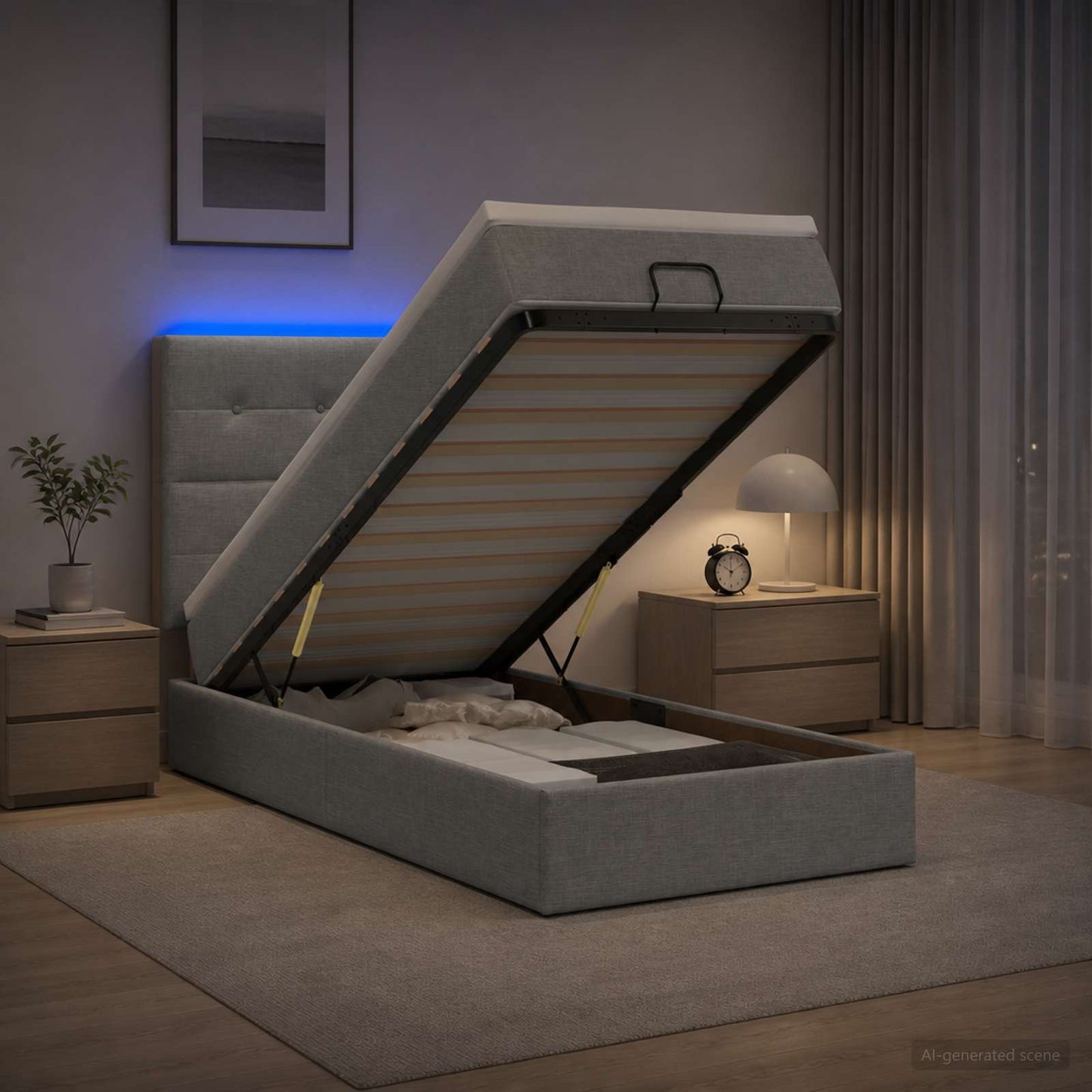Ottoman-Bett mit Matratze und LED Hellgrau 90 x 190 cm Stoff