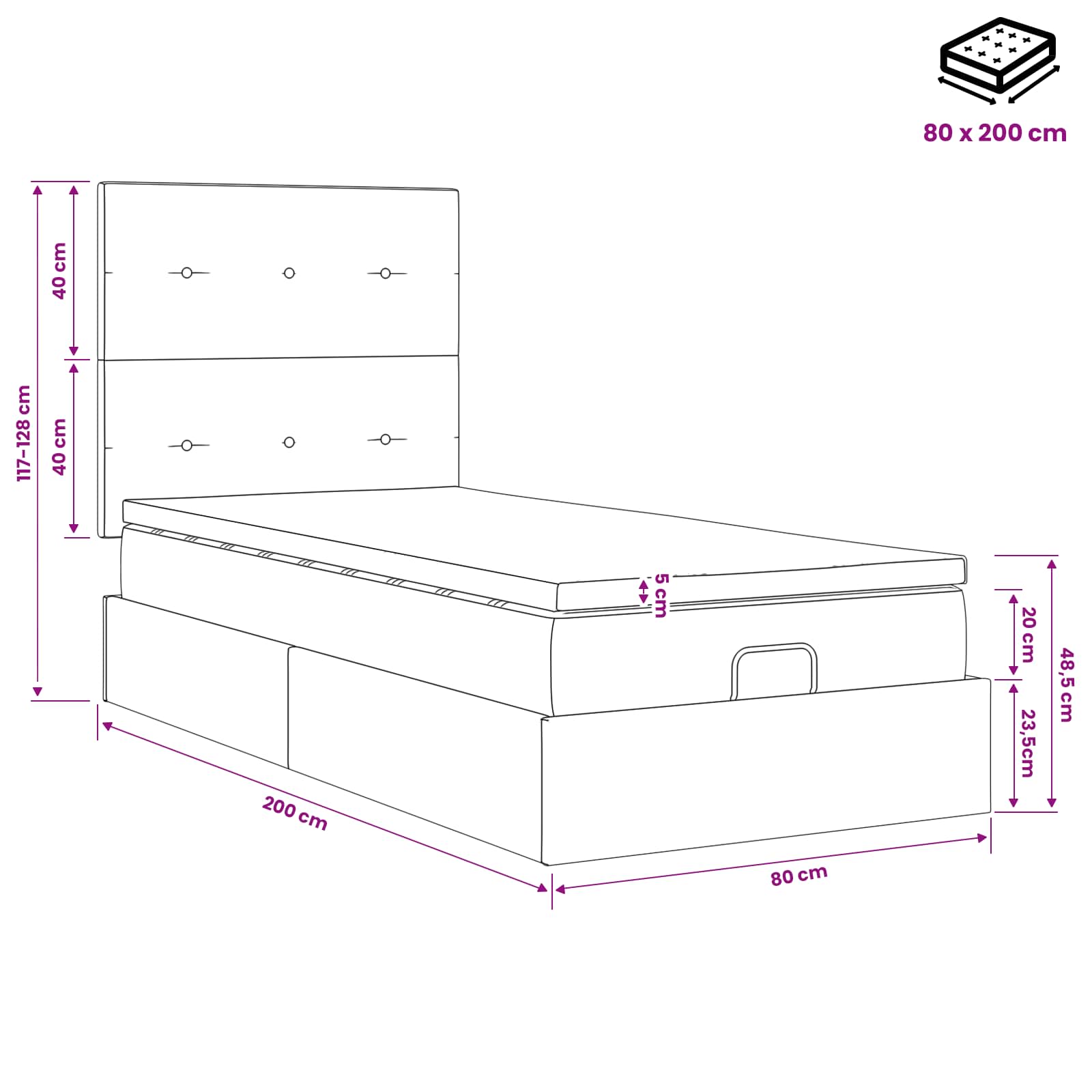 Ottoman-Bett mit Matratze und LED Dunkelgrau 80 x 200 cm Stoff
