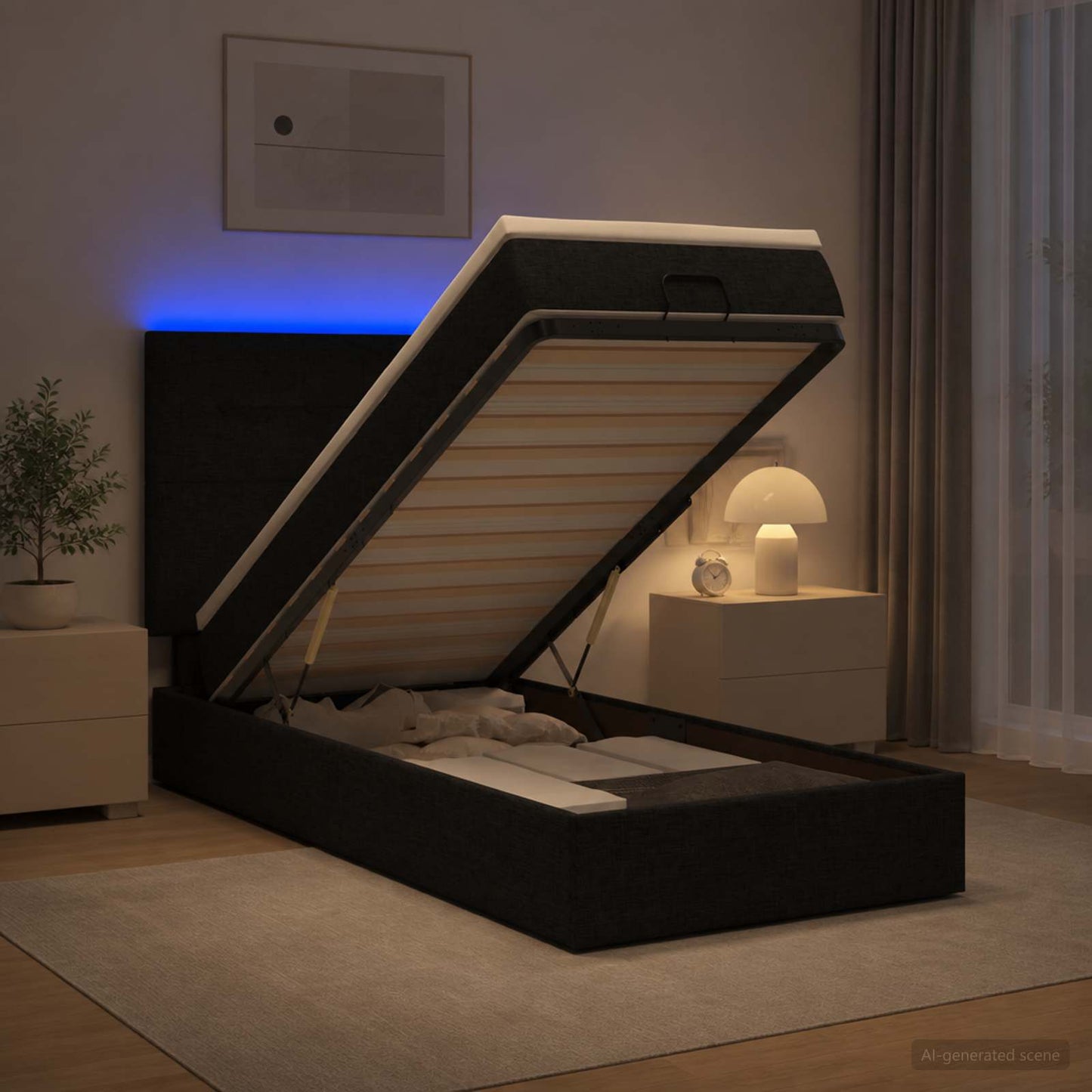 Ottoman-Bett mit Matratze und LED Schwarz 90 x 200 cm Stoff