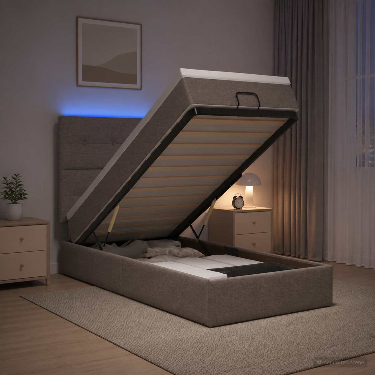 Ottoman-Bett mit Matratze und LED Taupe 90 x 200 cm Stoff