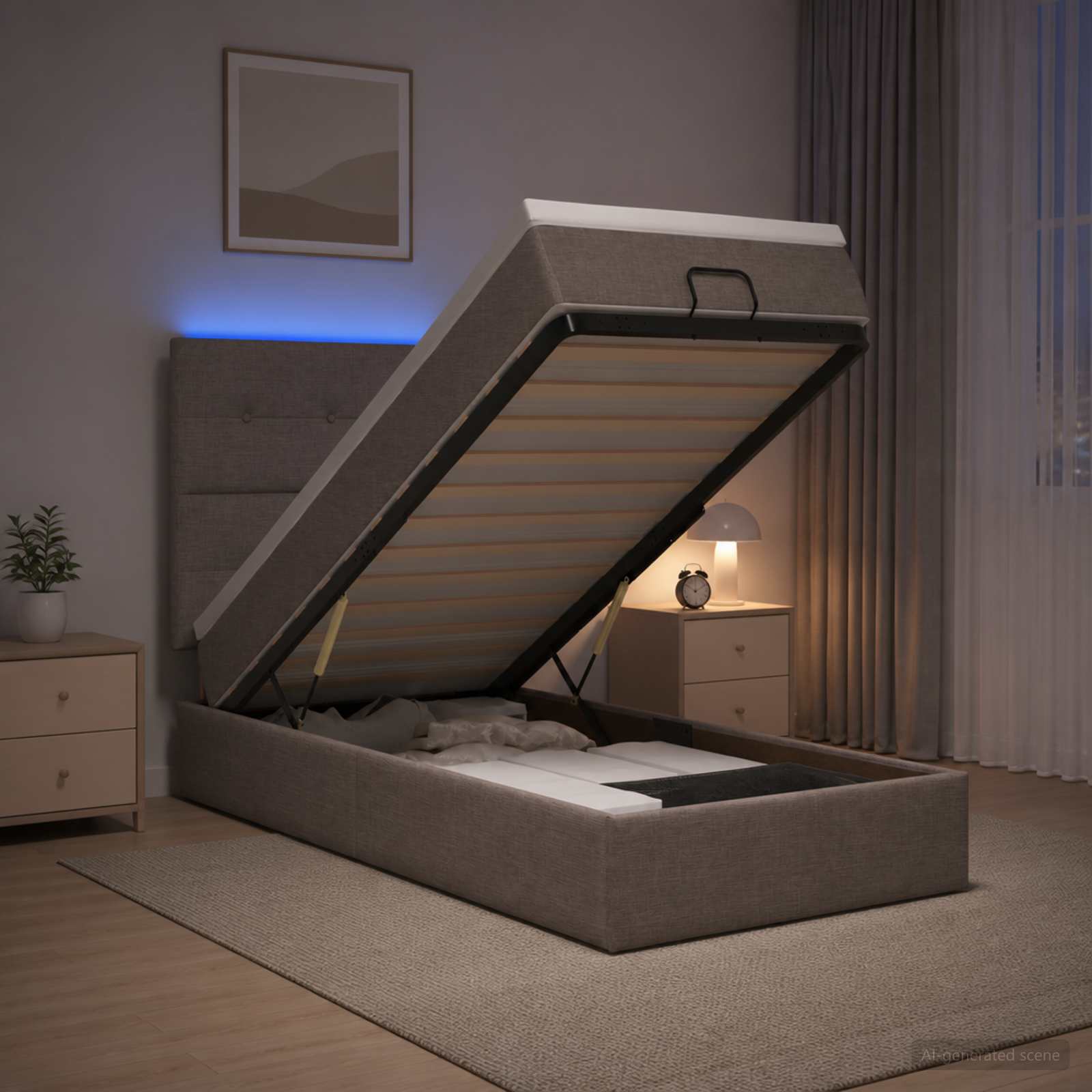Ottoman-Bett mit Matratze und LED Taupe 90 x 200 cm Stoff