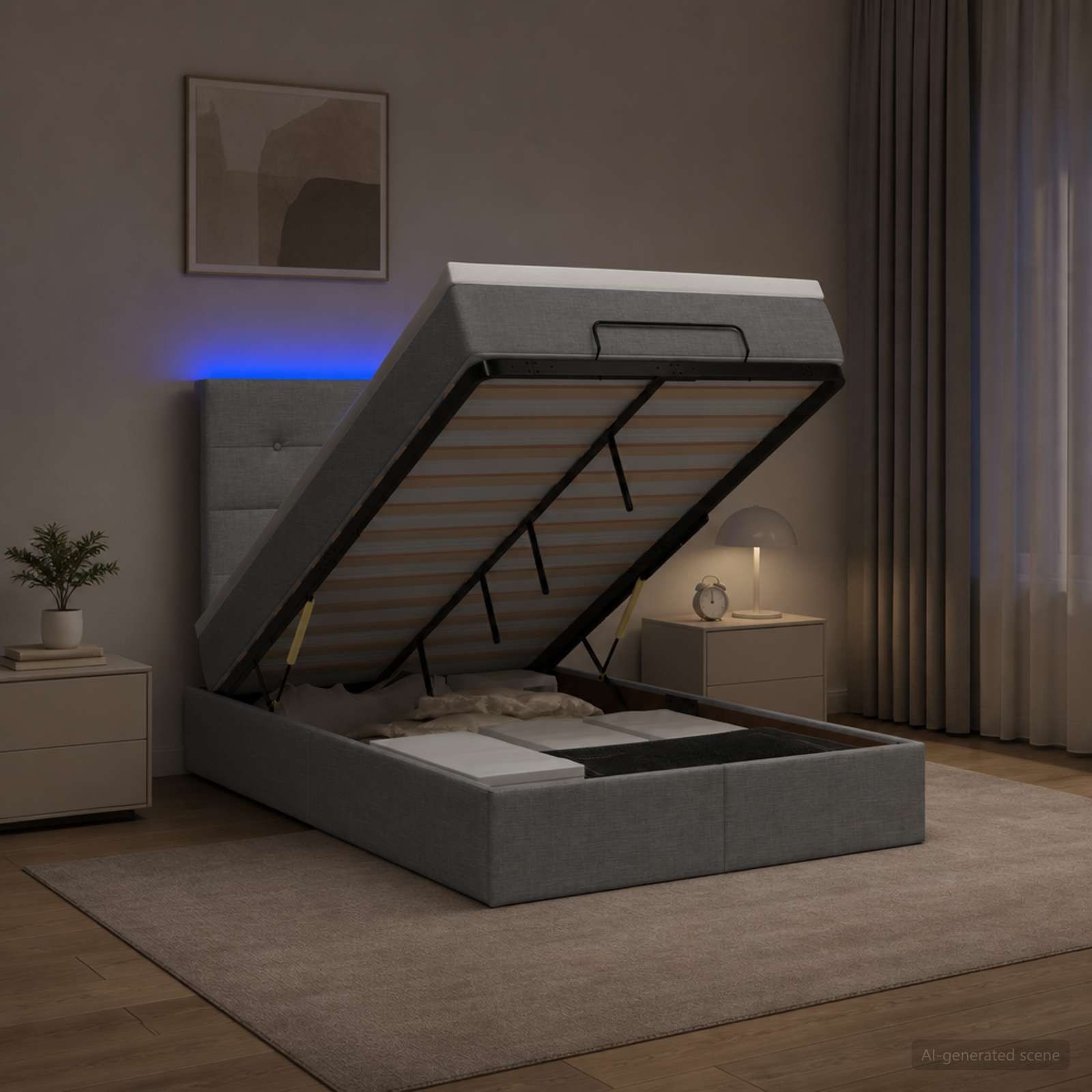 Ottoman-Bett mit Matratze und LED Hellgrau 120 x 200 cm Stoff