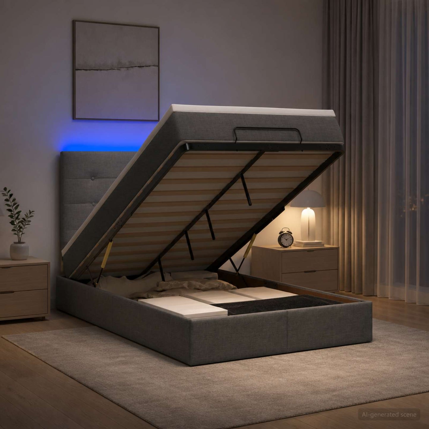 Ottoman-Bett mit Matratze und LED Dunkelgrau 120 x 190 cm Stoff