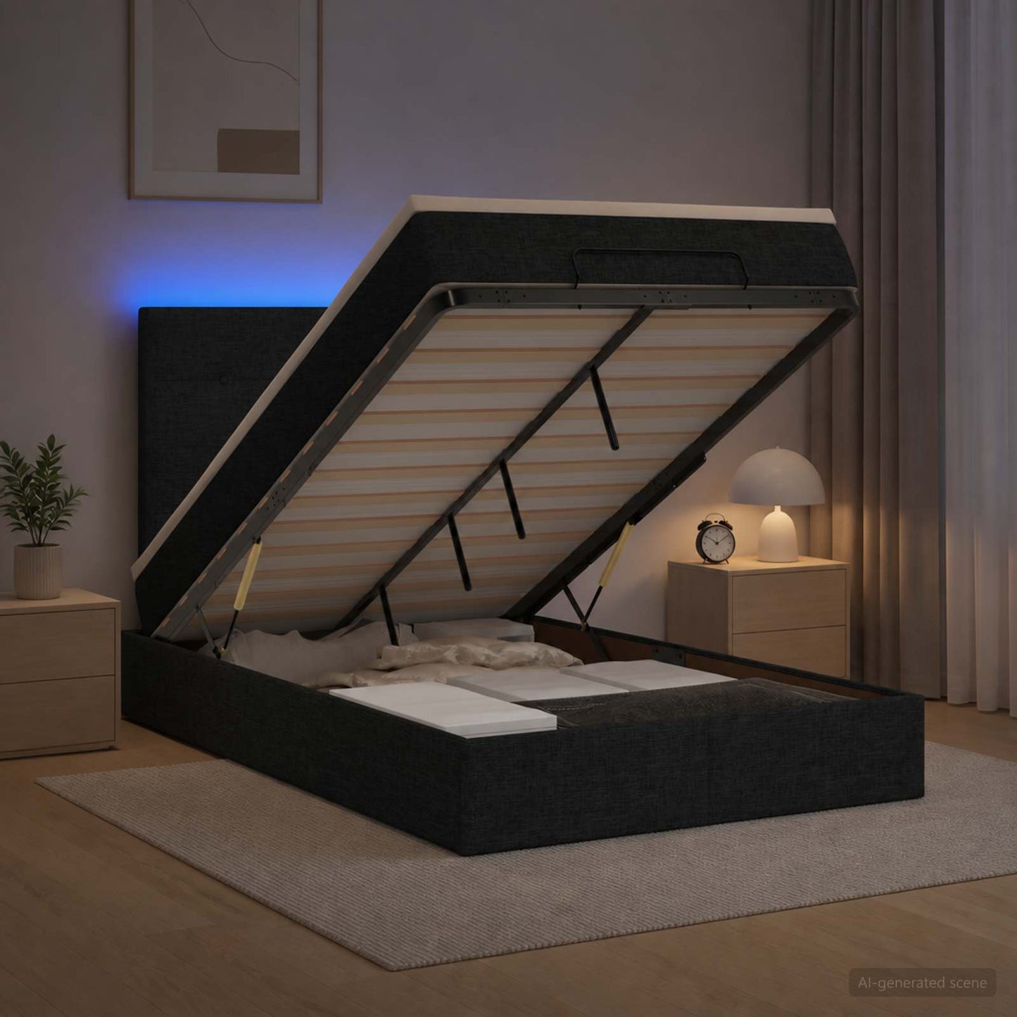 Ottoman-Bett mit Matratze und LED Schwarz 120 x 190 cm Stoff