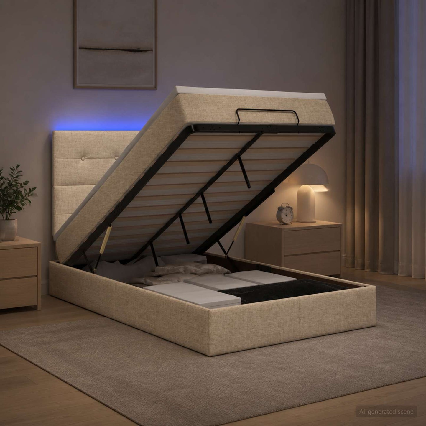 Ottoman-Bett mit Matratze und LED Creme 120 x 200 cm Stoff
