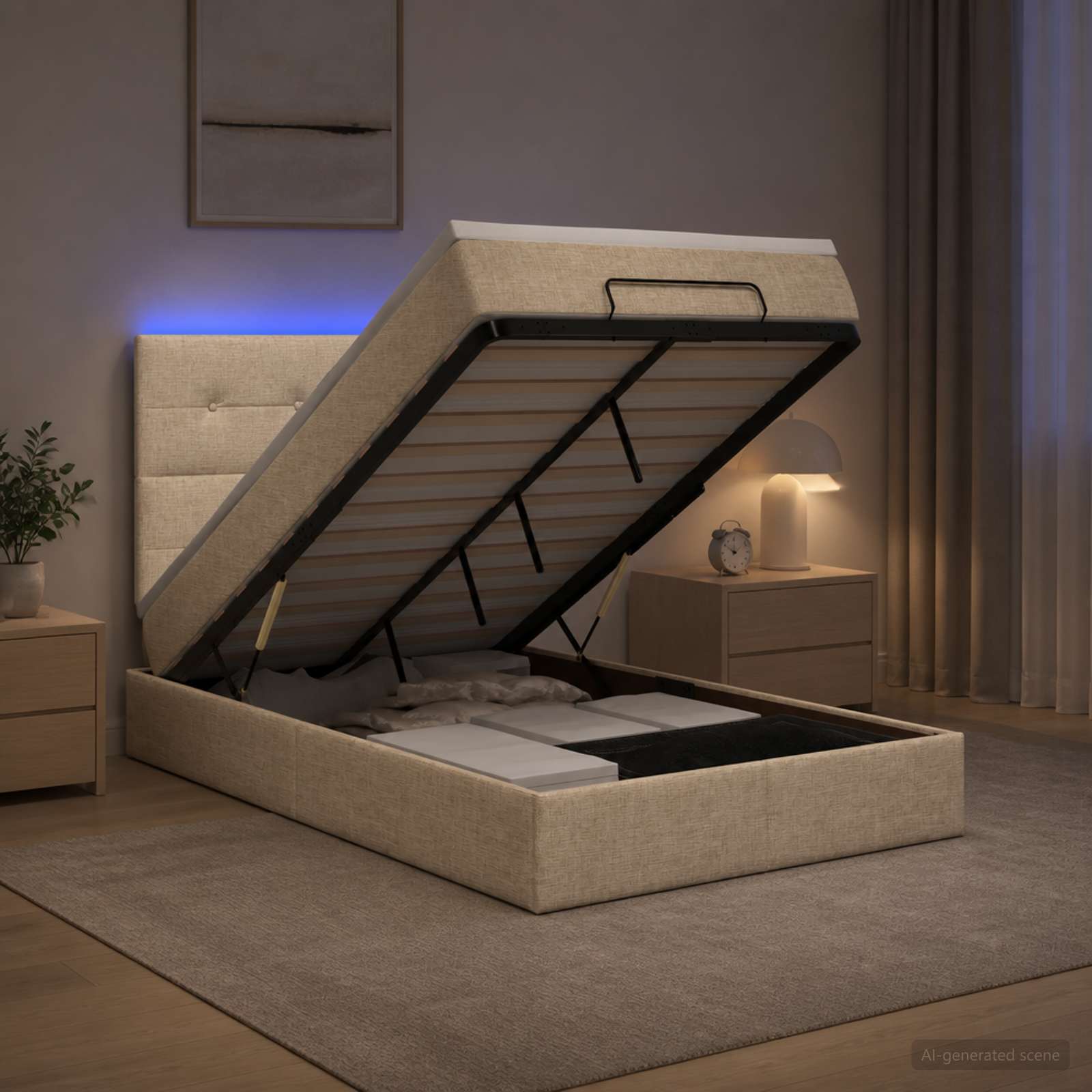 Ottoman-Bett mit Matratze und LED Creme 120 x 200 cm Stoff