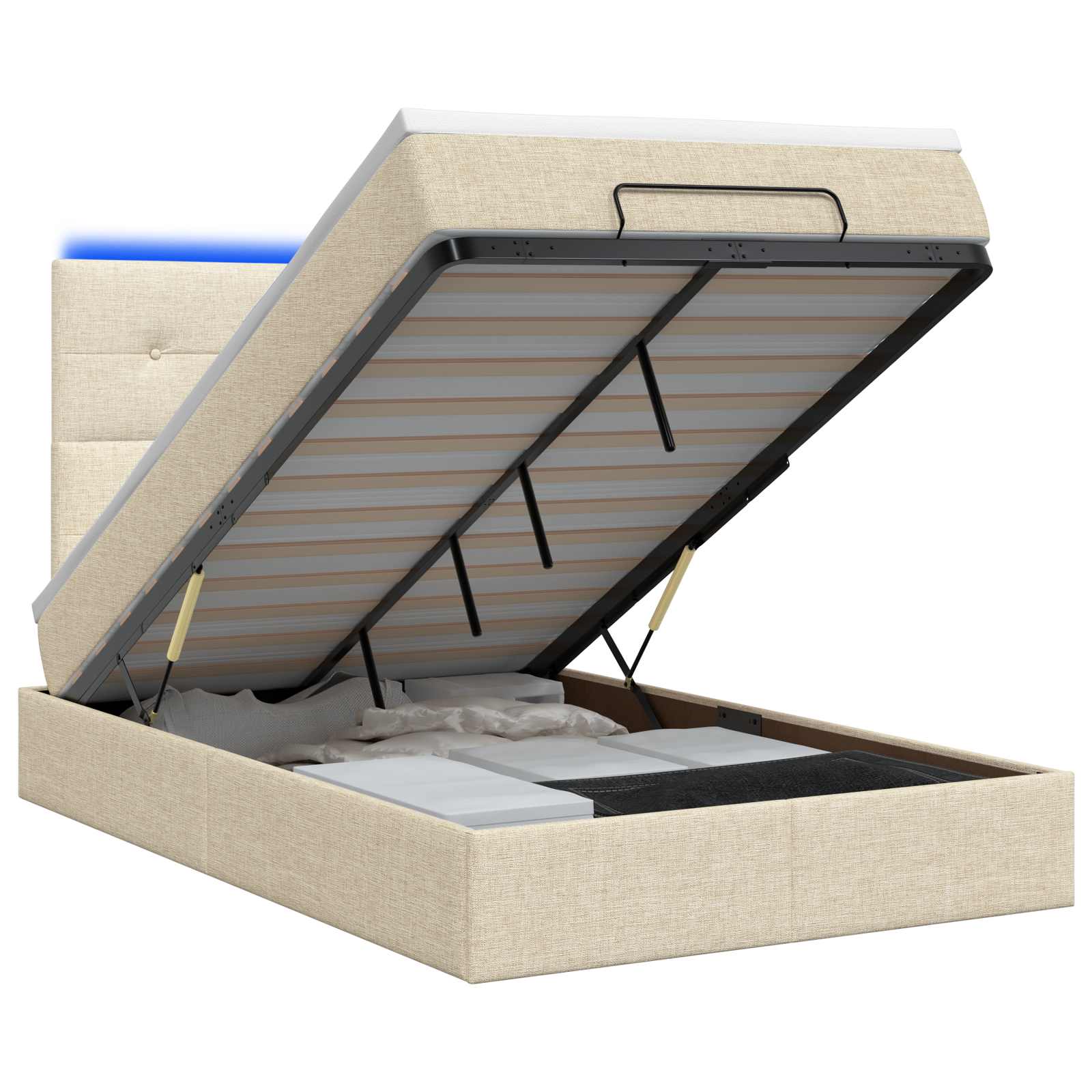 Ottoman-Bett mit Matratze und LED Creme 120 x 200 cm Stoff