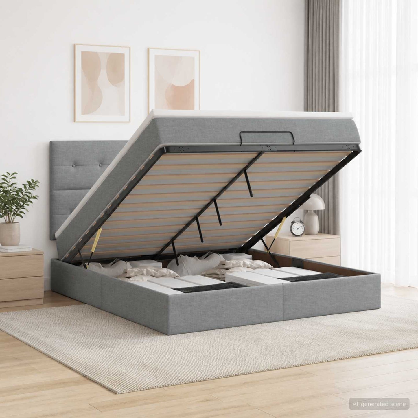 Ottoman Bett mit Matratze Hellgrau 140 x 190 cm Stoff