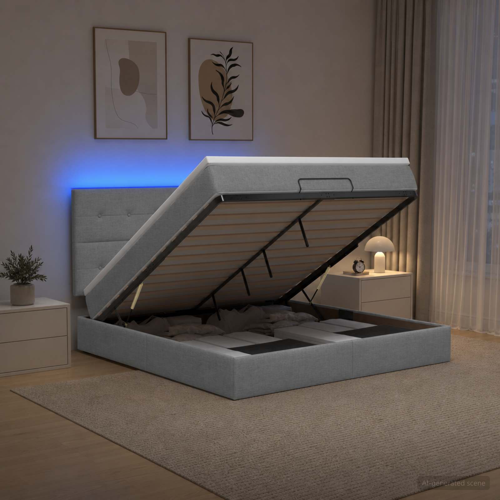 Ottoman-Bett mit Matratze und LED Hellgrau 140 x 190 cm Stoff