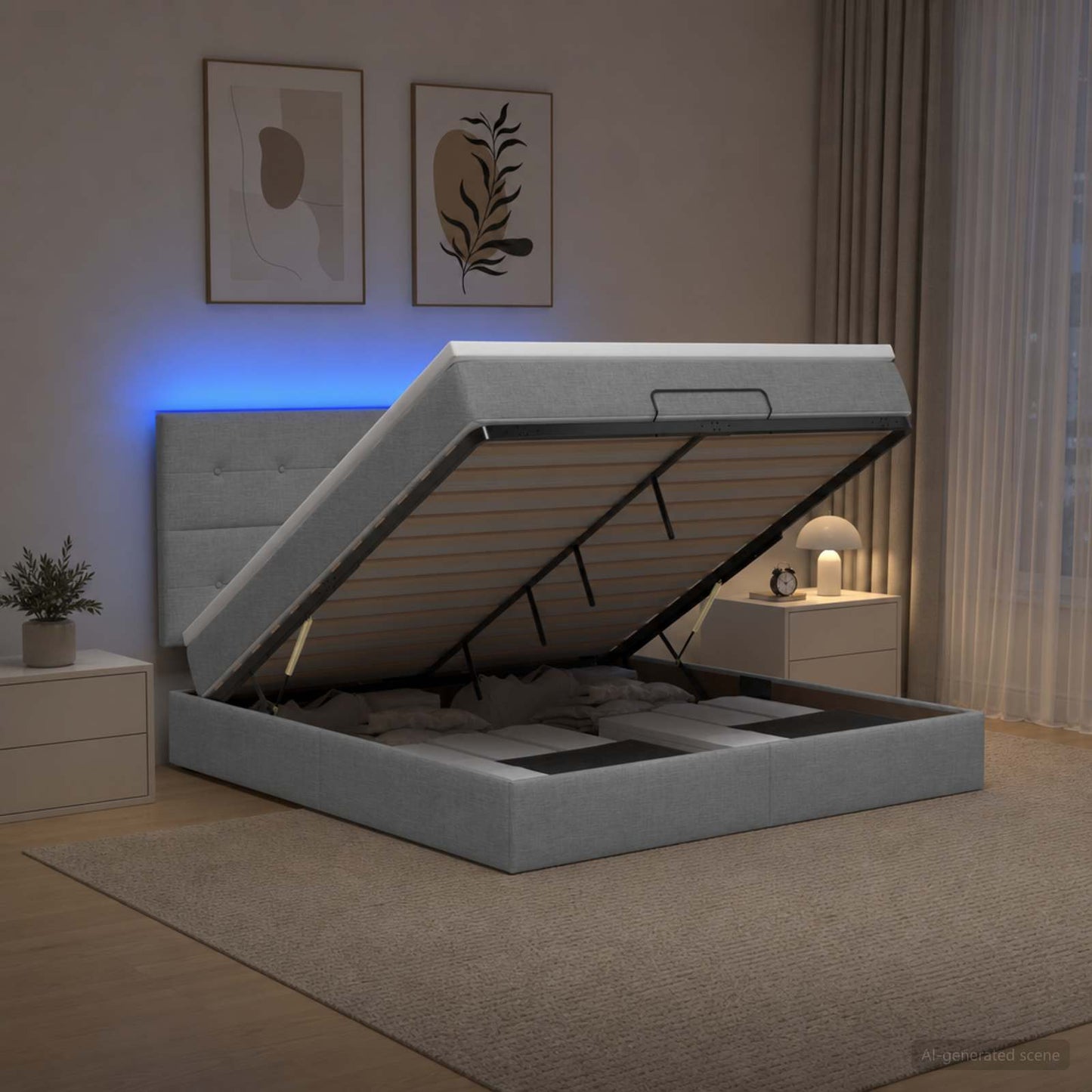 Ottoman-Bett mit Matratze und LED Hellgrau 140 x 200 cm Stoff