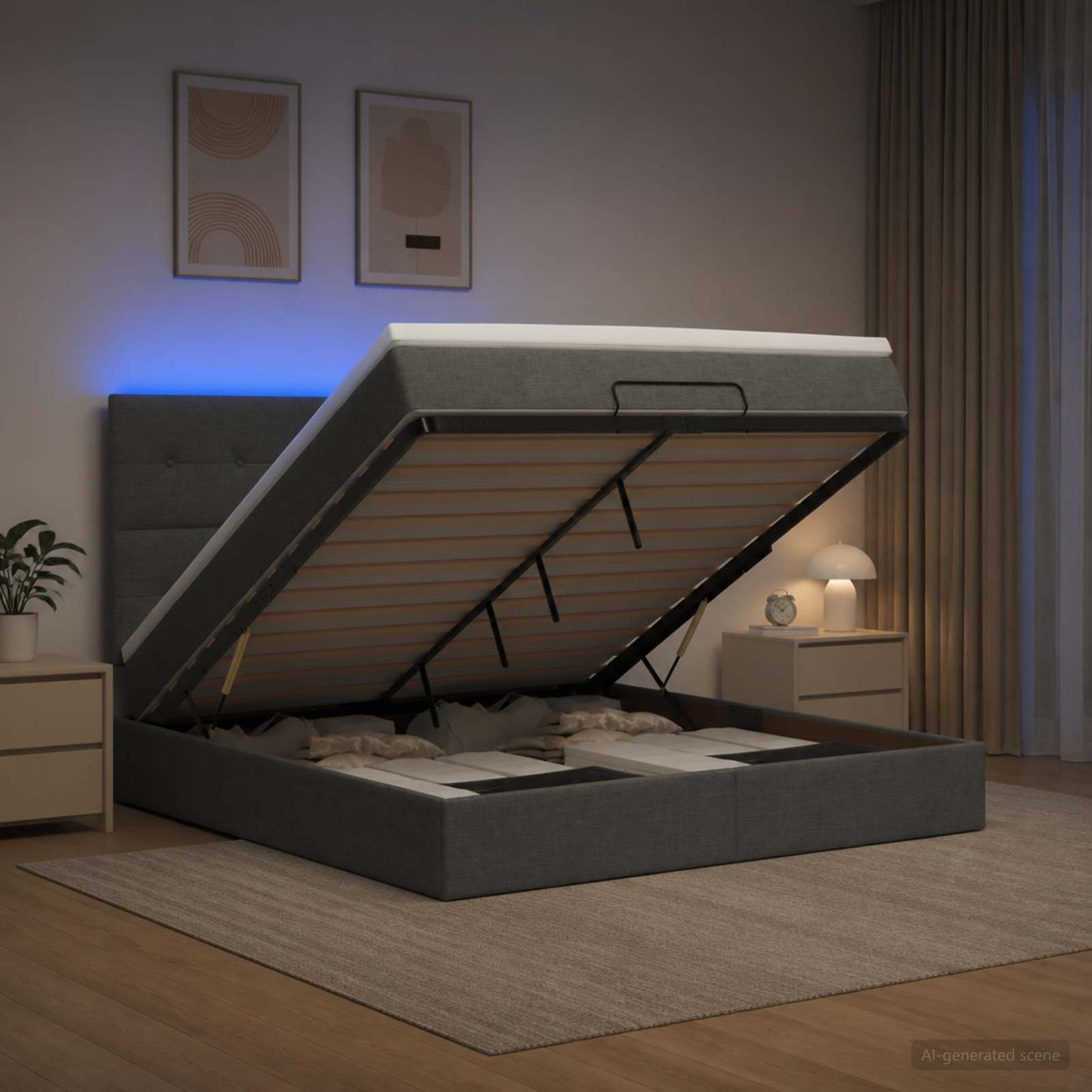 Ottoman-Bett mit Matratze und LED Dunkelgrau 140 x 190 cm Stoff