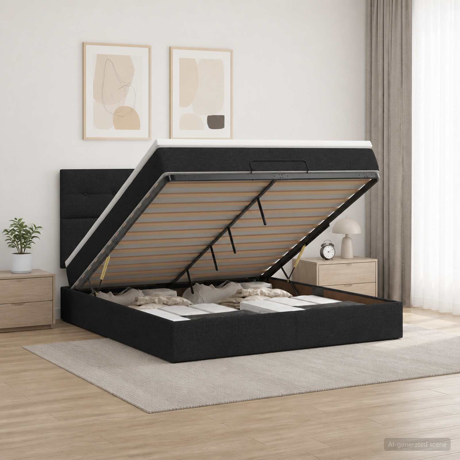 Ottoman-Bett mit Matratze und LED Schwarz 140 x 200 cm Stoff