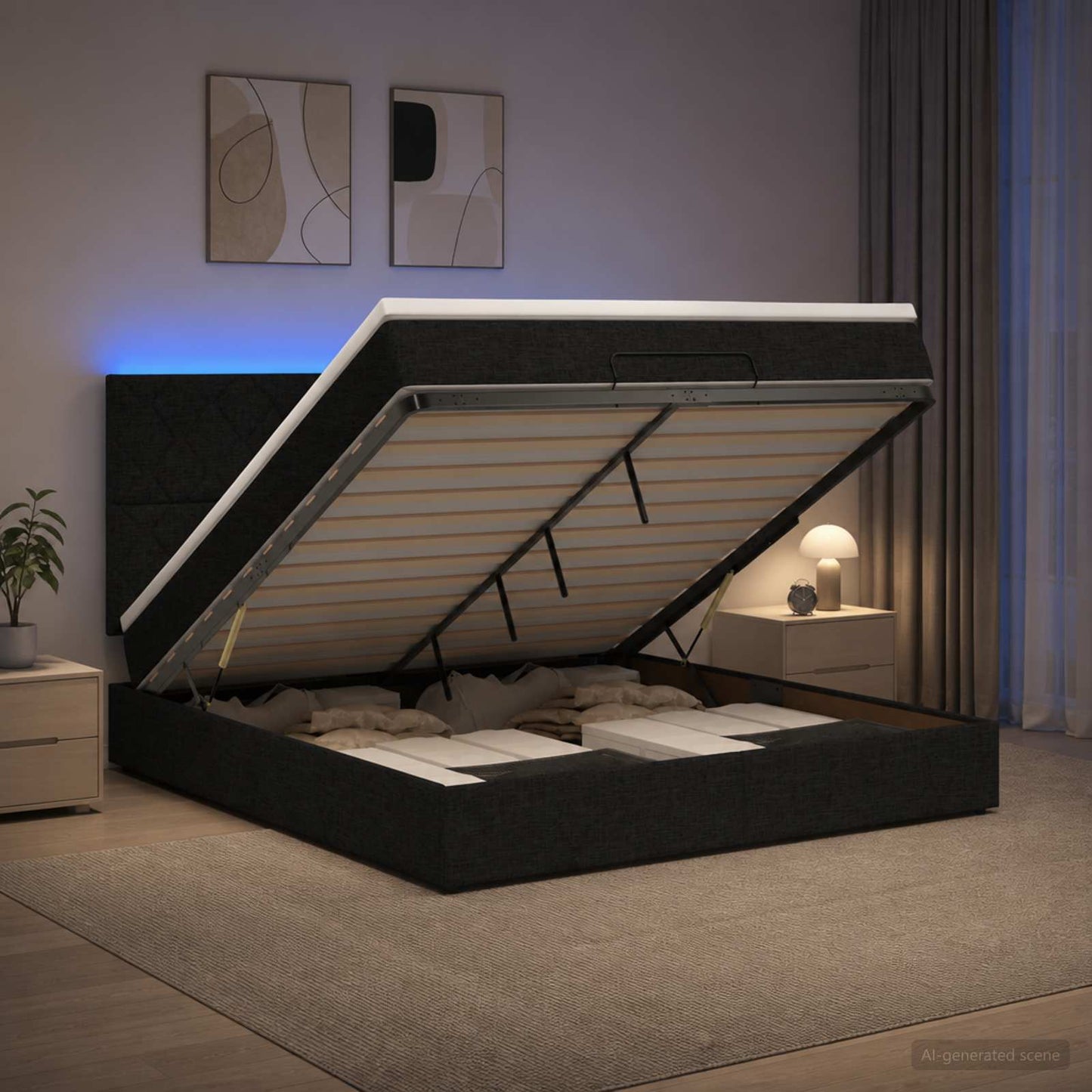 Ottoman-Bett mit Matratze und LED Schwarz 140 x 190 cm Stoff