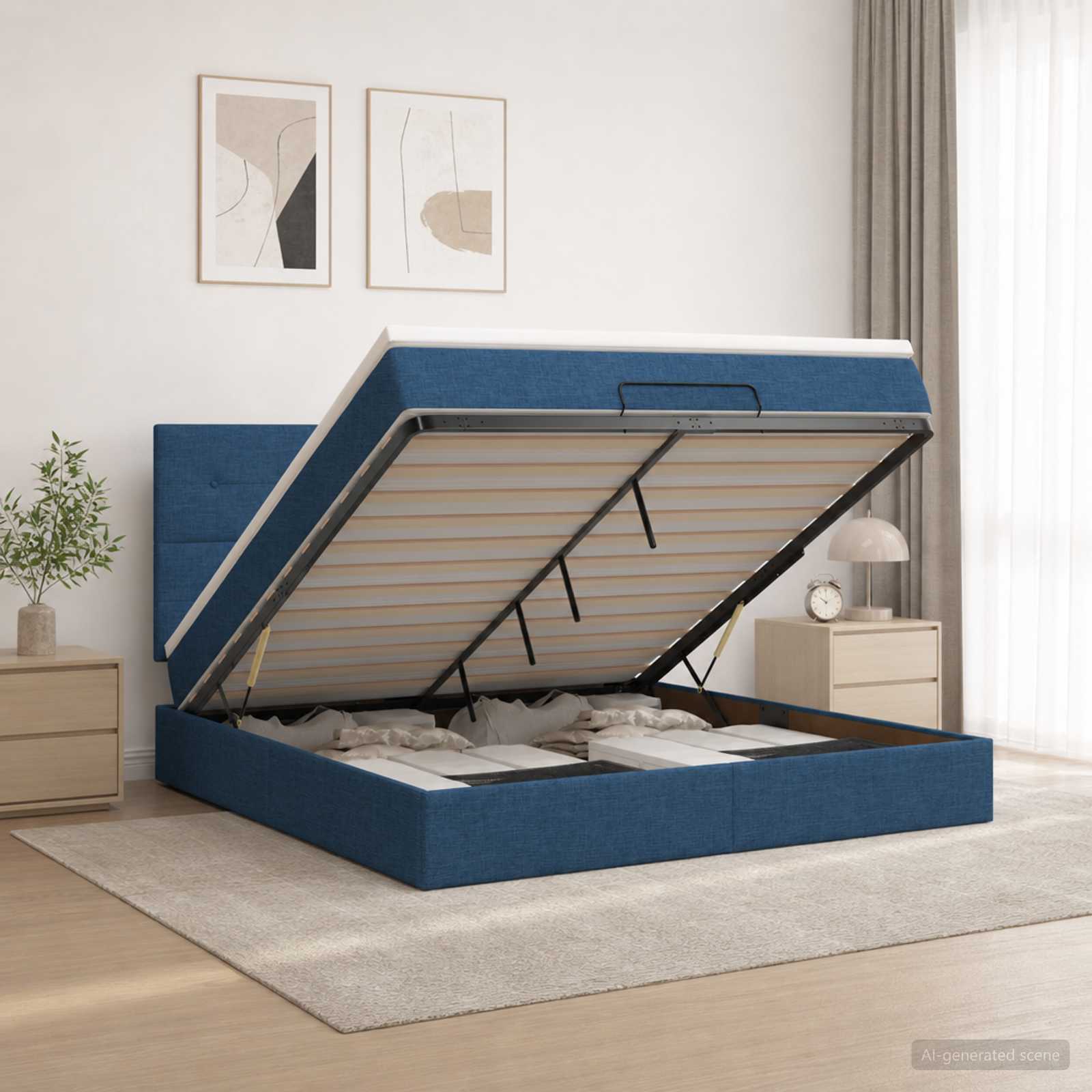 Ottoman Bett mit Matratze mit Kopfteil Blau 140 x 200 cm Stoff