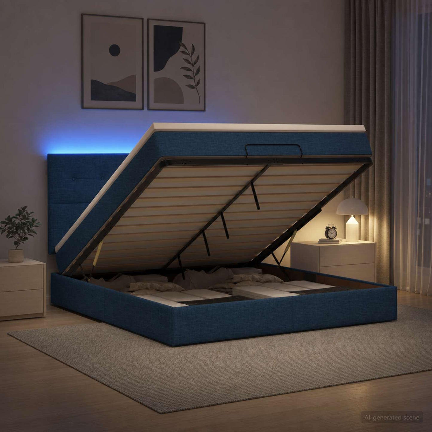 Ottoman-Bett mit Matratze und LED Blau 140 x 200 cm Stoff