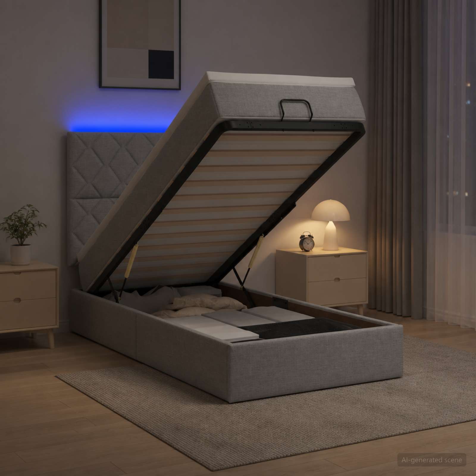 Ottoman-Bett mit Matratze und LED Hellgrau 90 x 200 cm Stoff