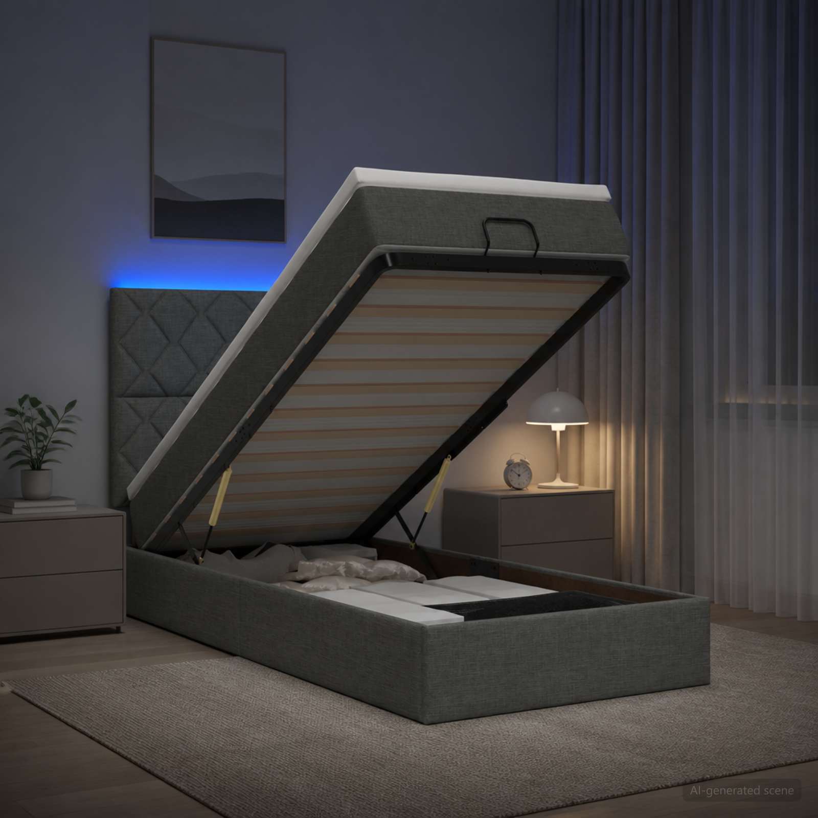 Ottoman-Bett mit Matratze und LED Dunkelgrau 90 x 200 cm Stoff