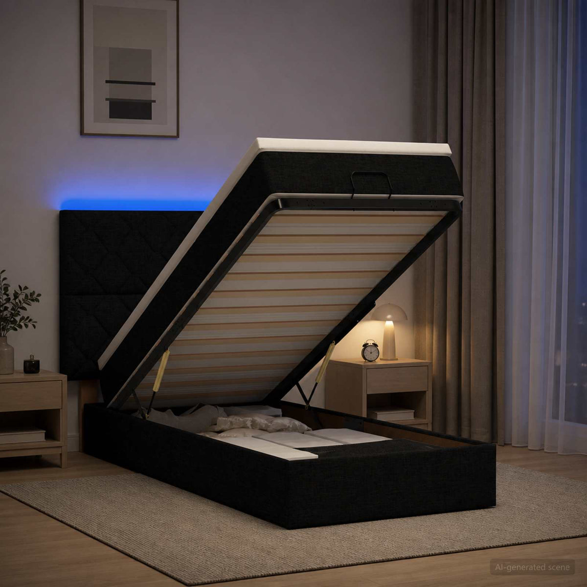 Ottoman-Bett mit Matratze und LED Schwarz 80 x 200 cm Stoff