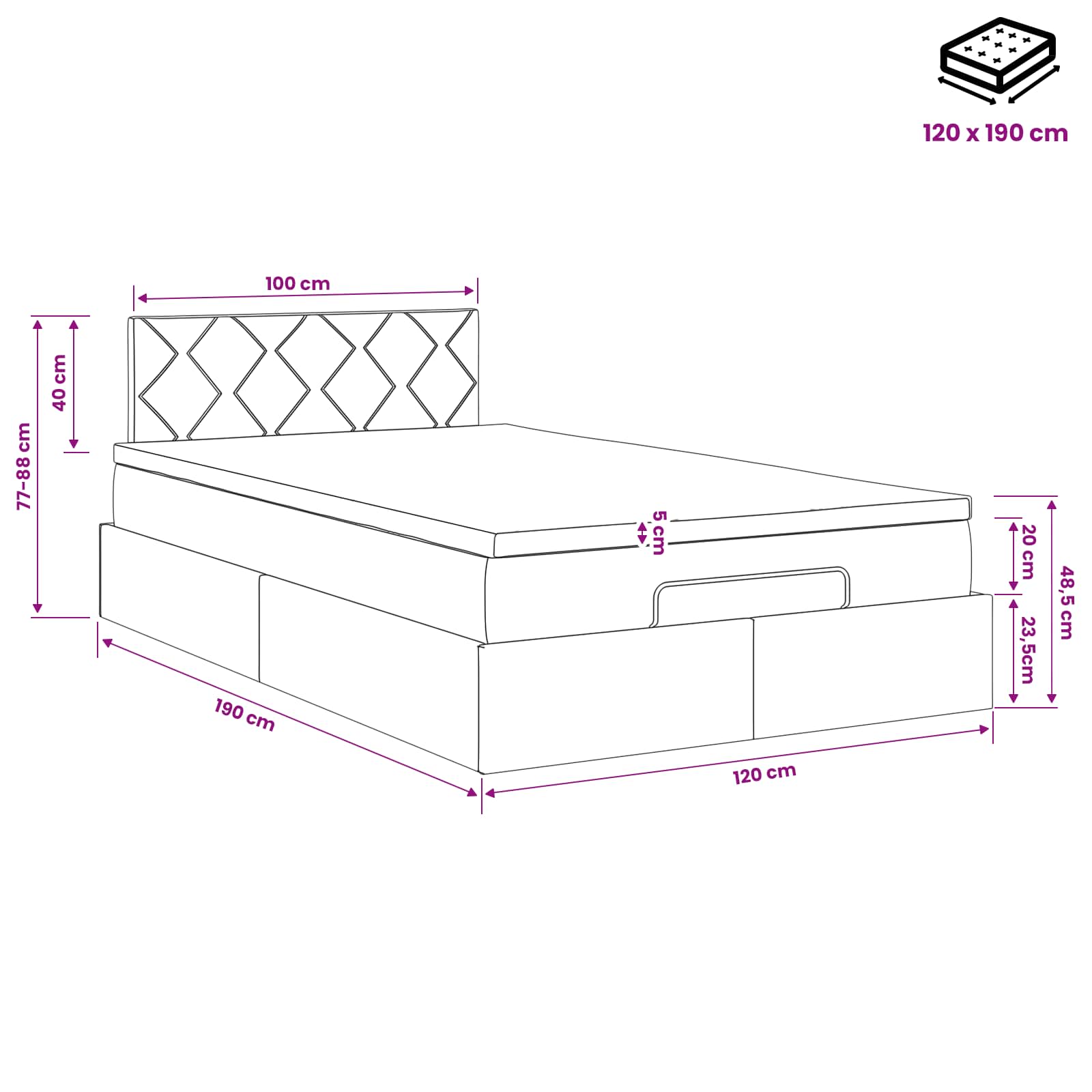 Ottoman-Bett mit Matratze und LED Dunkelgrau 120 x 190 cm Stoff