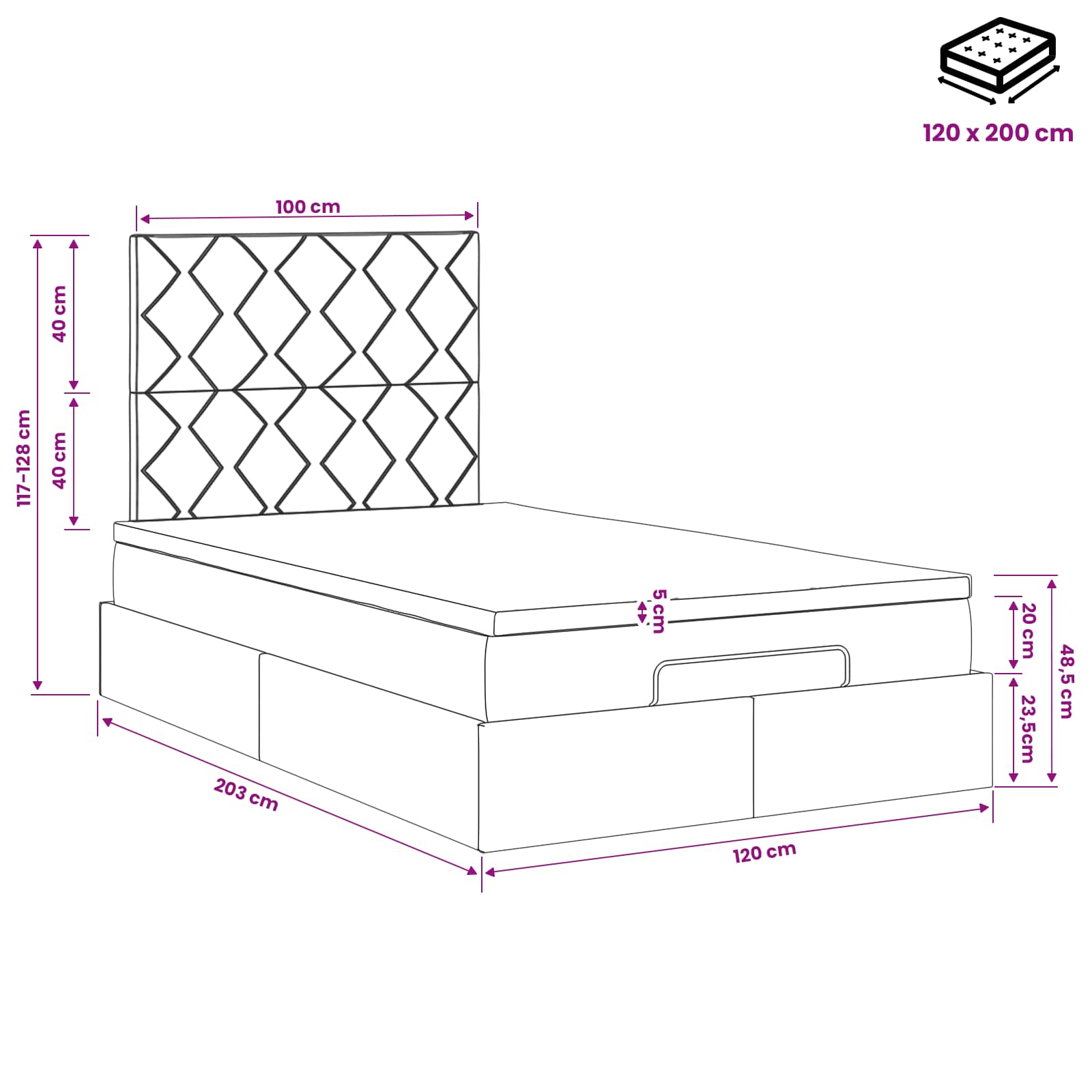 Ottoman-Bett mit Matratze und LED Dunkelgrau 120 x 200 cm Stoff