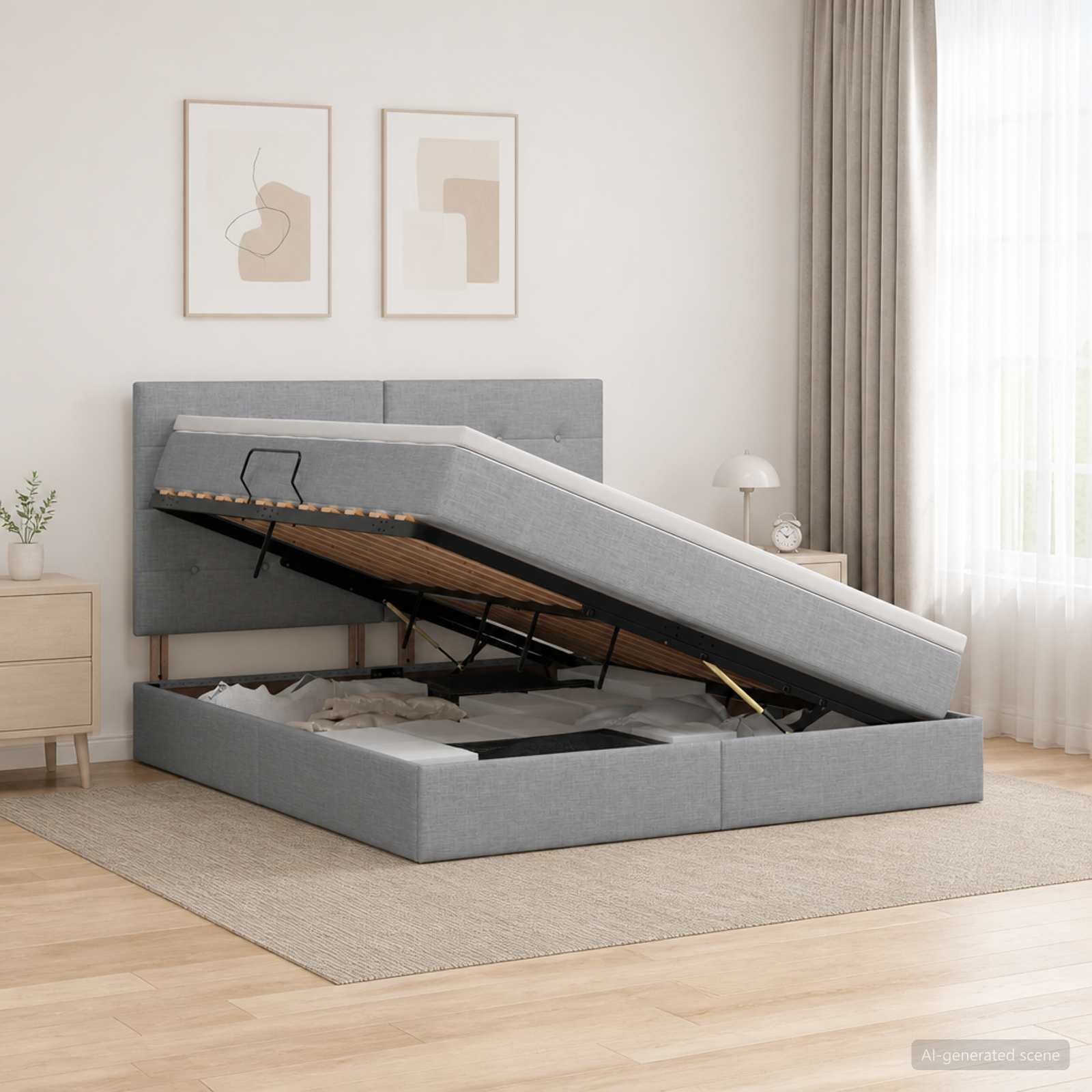 Aufbewahrungsbett mit Matratze Hellgrau 140 x 200 cm Stoff