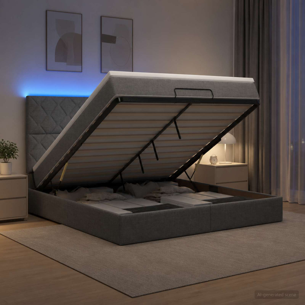Ottoman-Bett mit Matratze und LED Dunkelgrau 140 x 200 cm Stoff