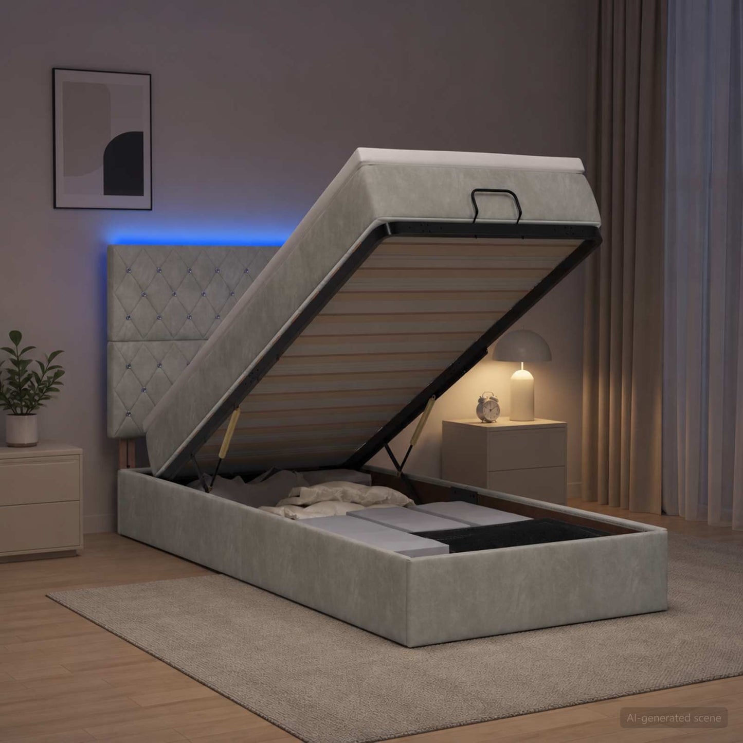 Ottoman-Bett mit Matratze und LED Hellgrau 100 x 200 cm Samt
