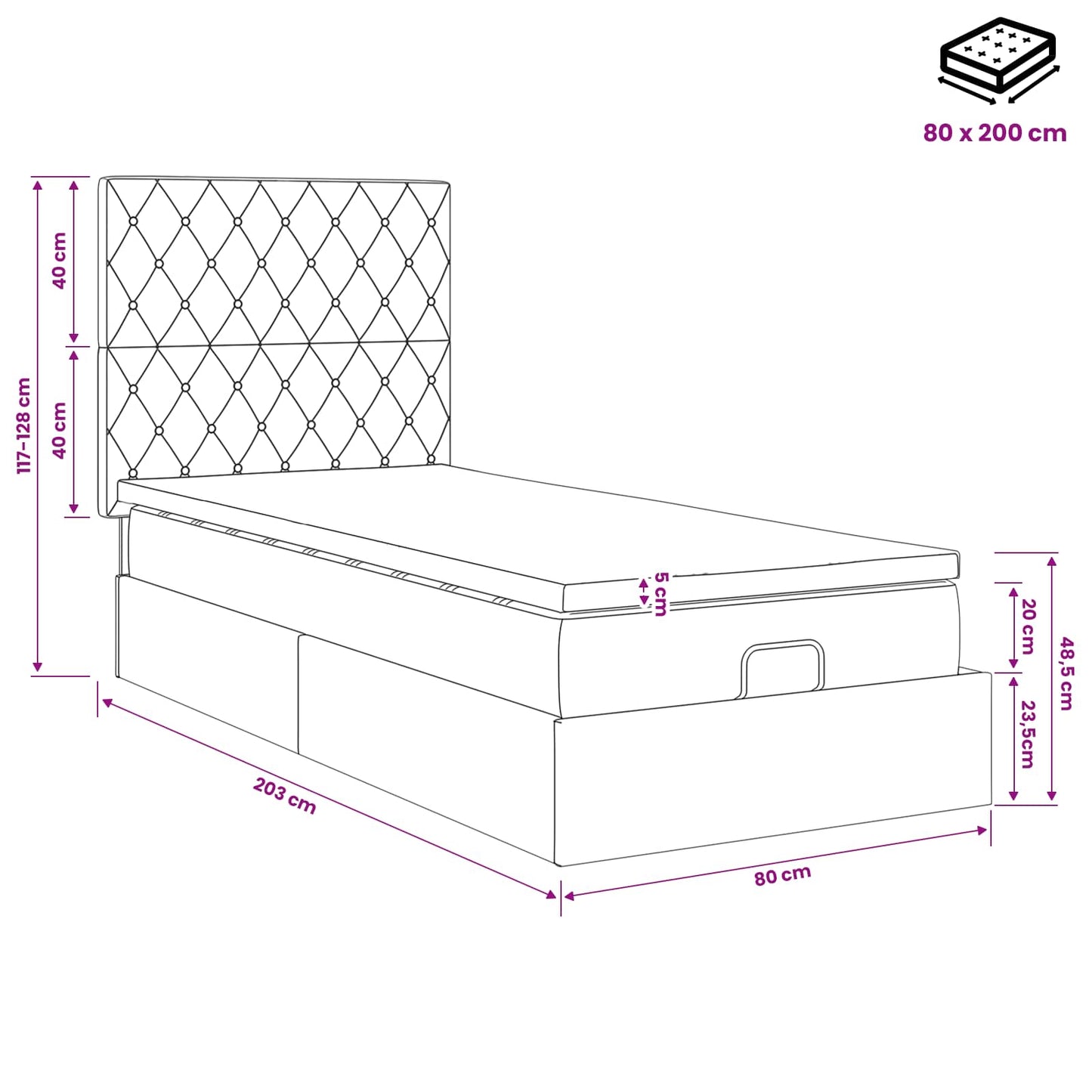 Ottoman-Bett mit Matratze und LED Hellgrau 80 x 200 cm Samt