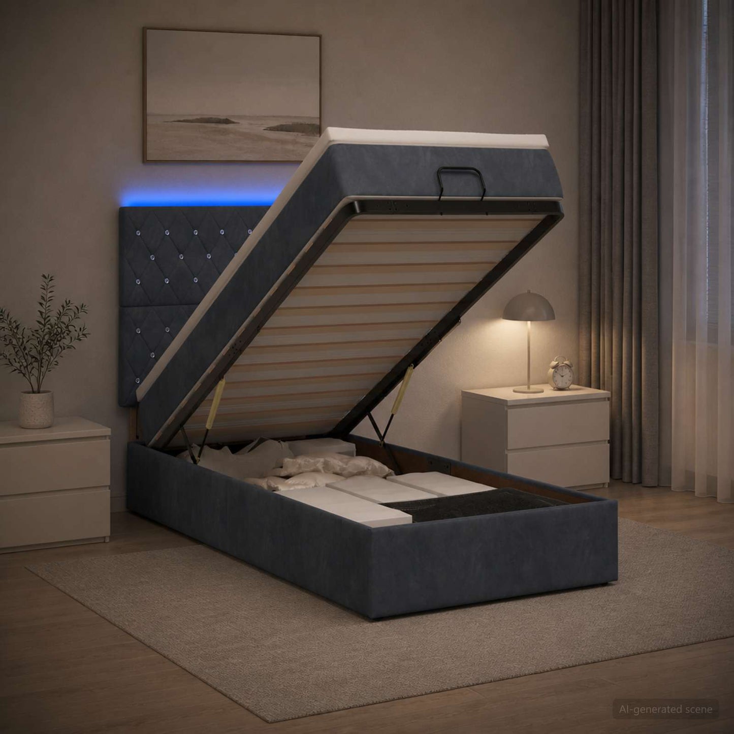 Ottoman-Bett mit Matratze und LED Dunkelgrau 90 x 190 cm Samt