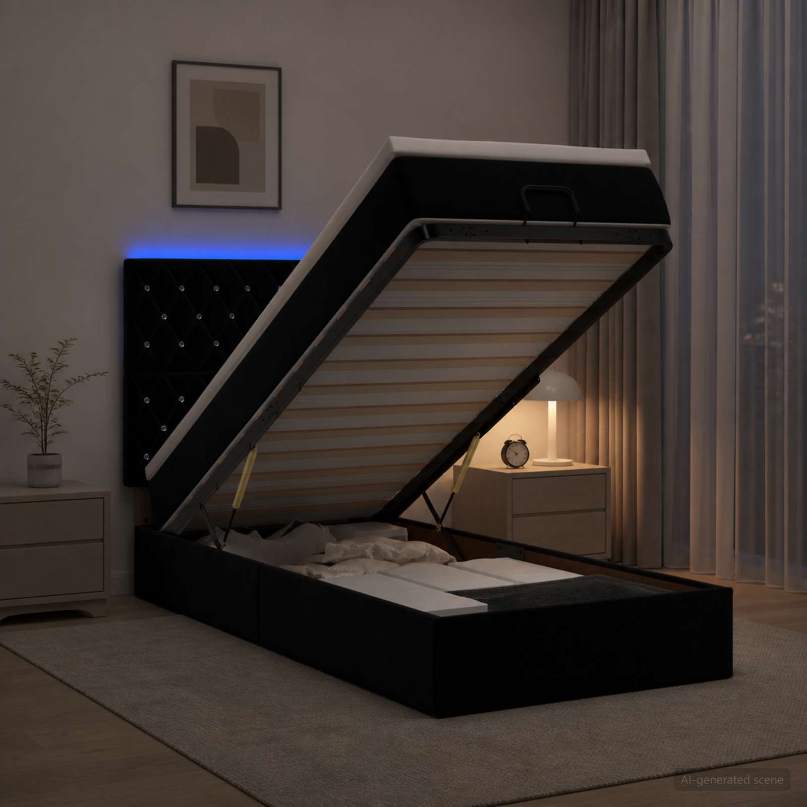 Ottoman-Bett mit Matratze und LED Schwarz 90 x 200 cm Samt