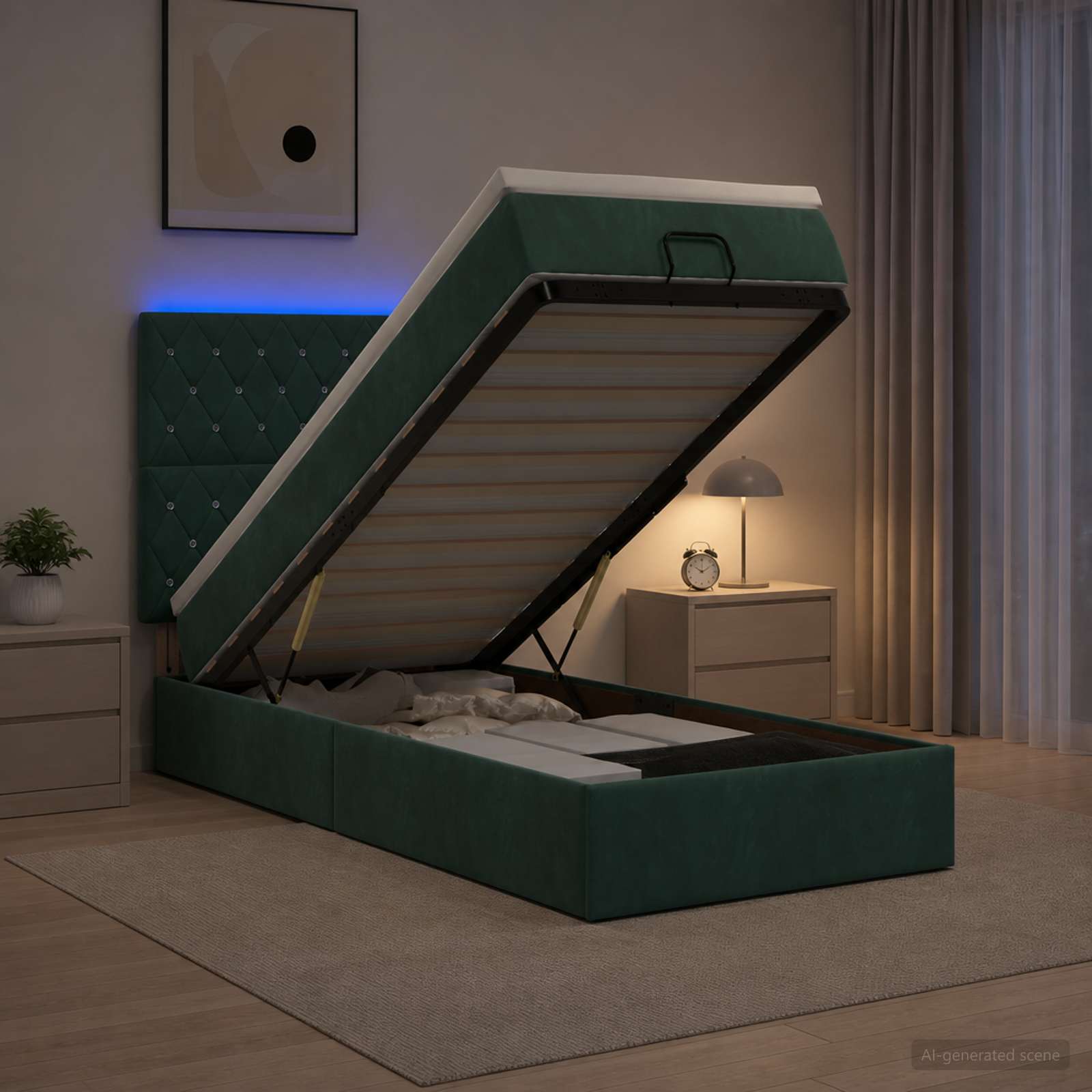 Ottoman-Bett mit Matratze und LED Dunkelgrün 100 x 200 cm Samt