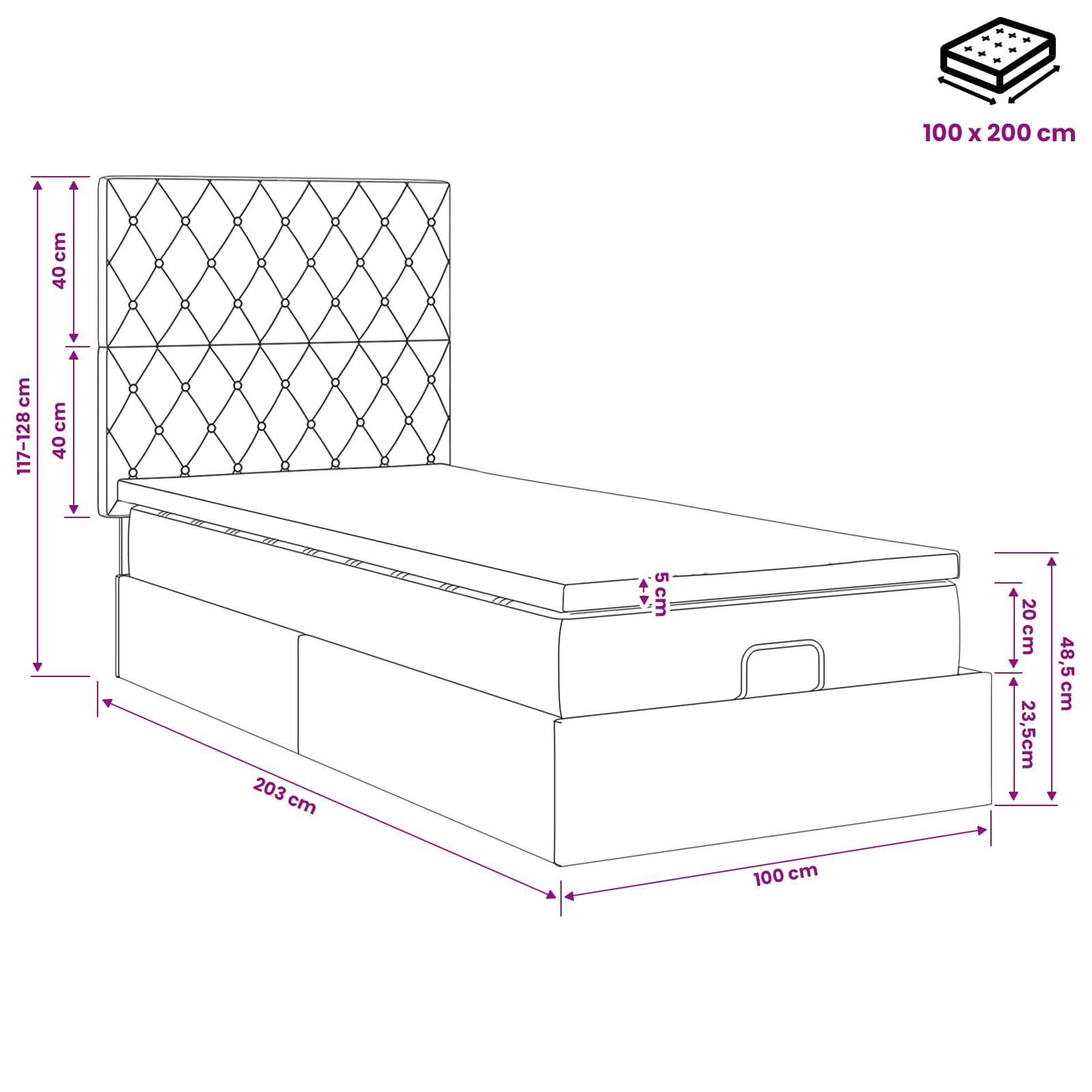 Ottoman-Bett mit Matratze und LED Hellgrau 100 x 200 cm Samt