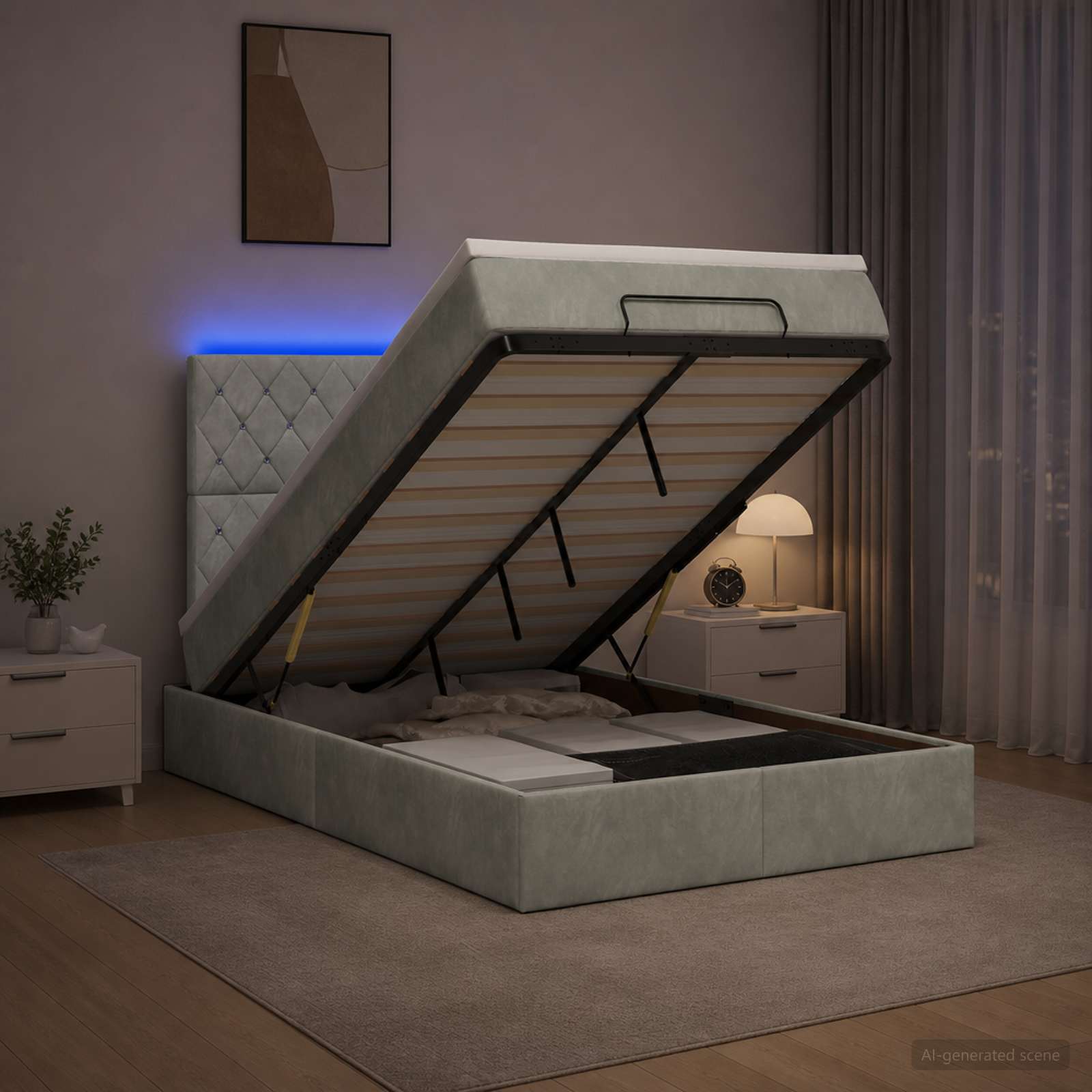 Ottoman-Bett mit Matratze und LED Hellgrau 120 x 200 cm Samt